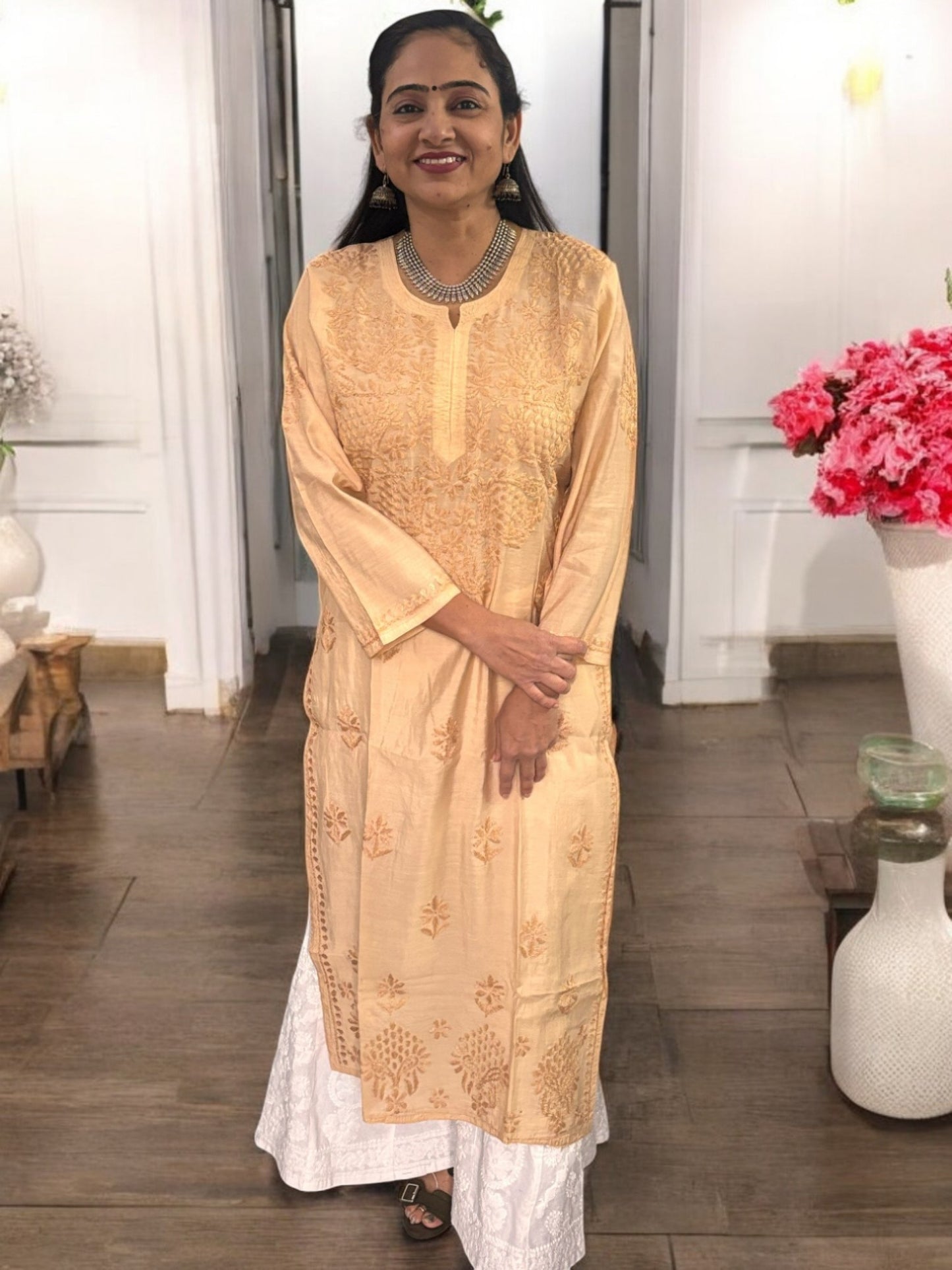 PASTEL PEACH CHANDERI COTTON CHIKANKARI KURTI