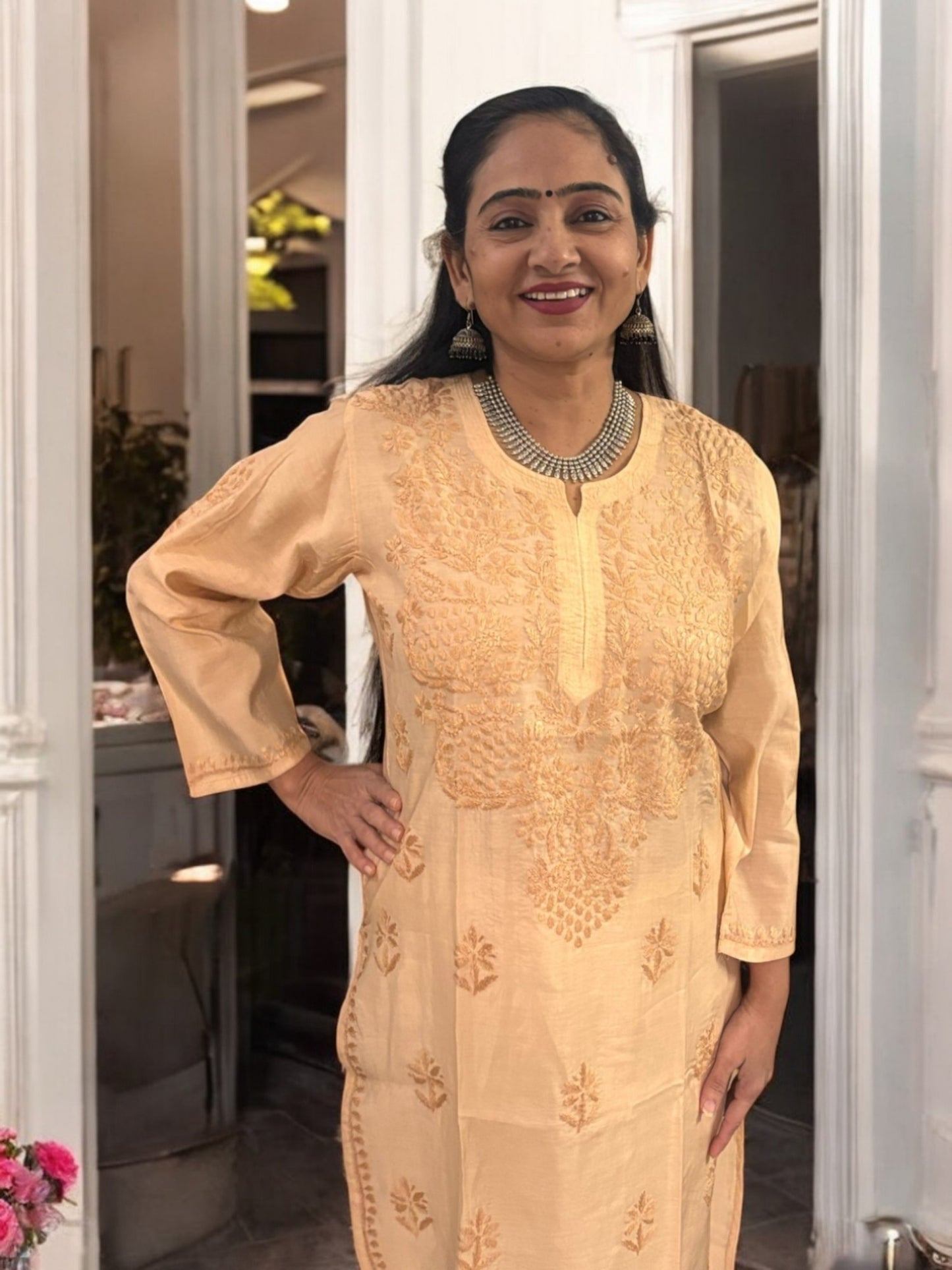 PASTEL PEACH CHANDERI COTTON CHIKANKARI KURTI
