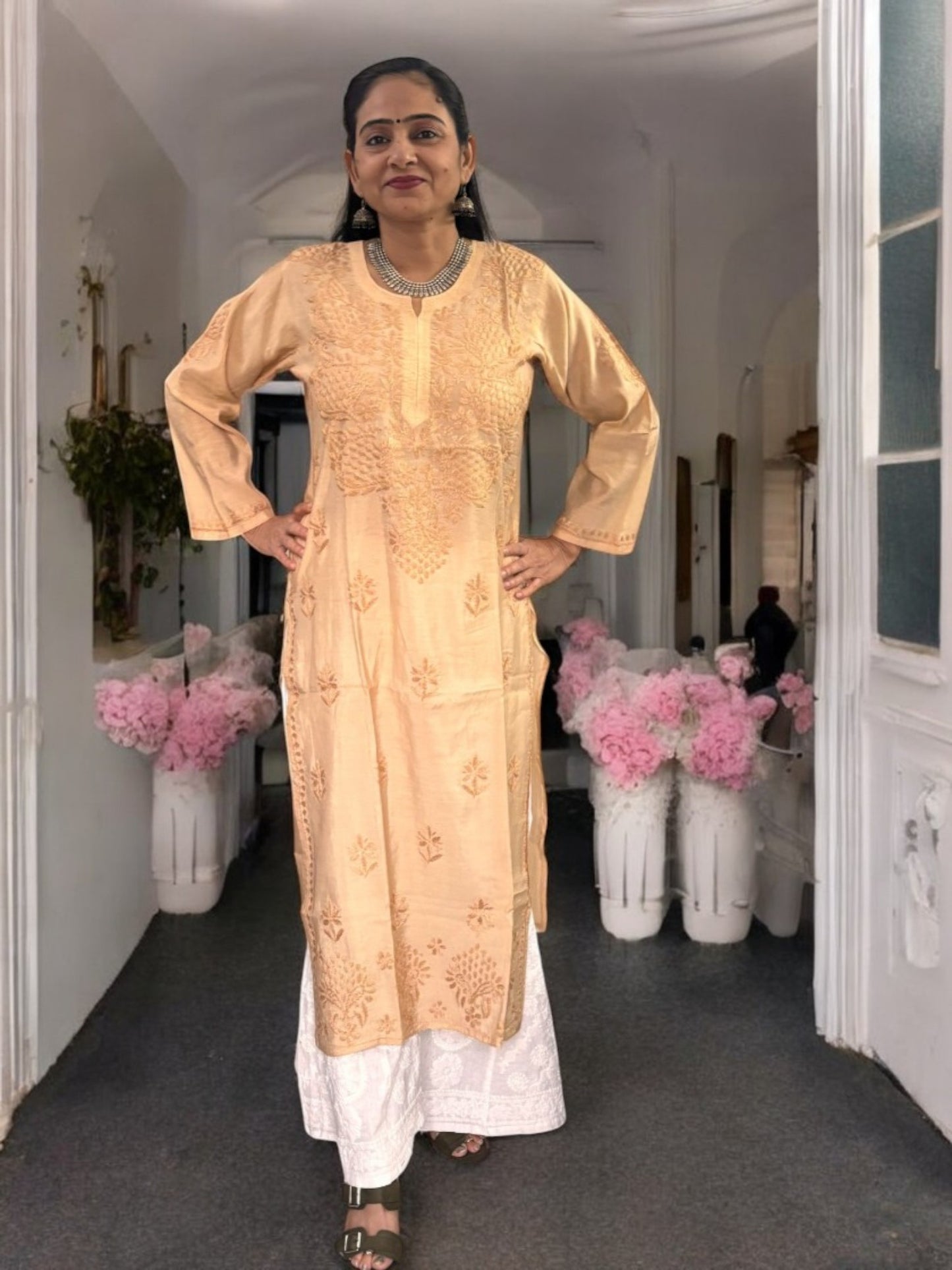 PASTEL PEACH CHANDERI COTTON CHIKANKARI KURTI