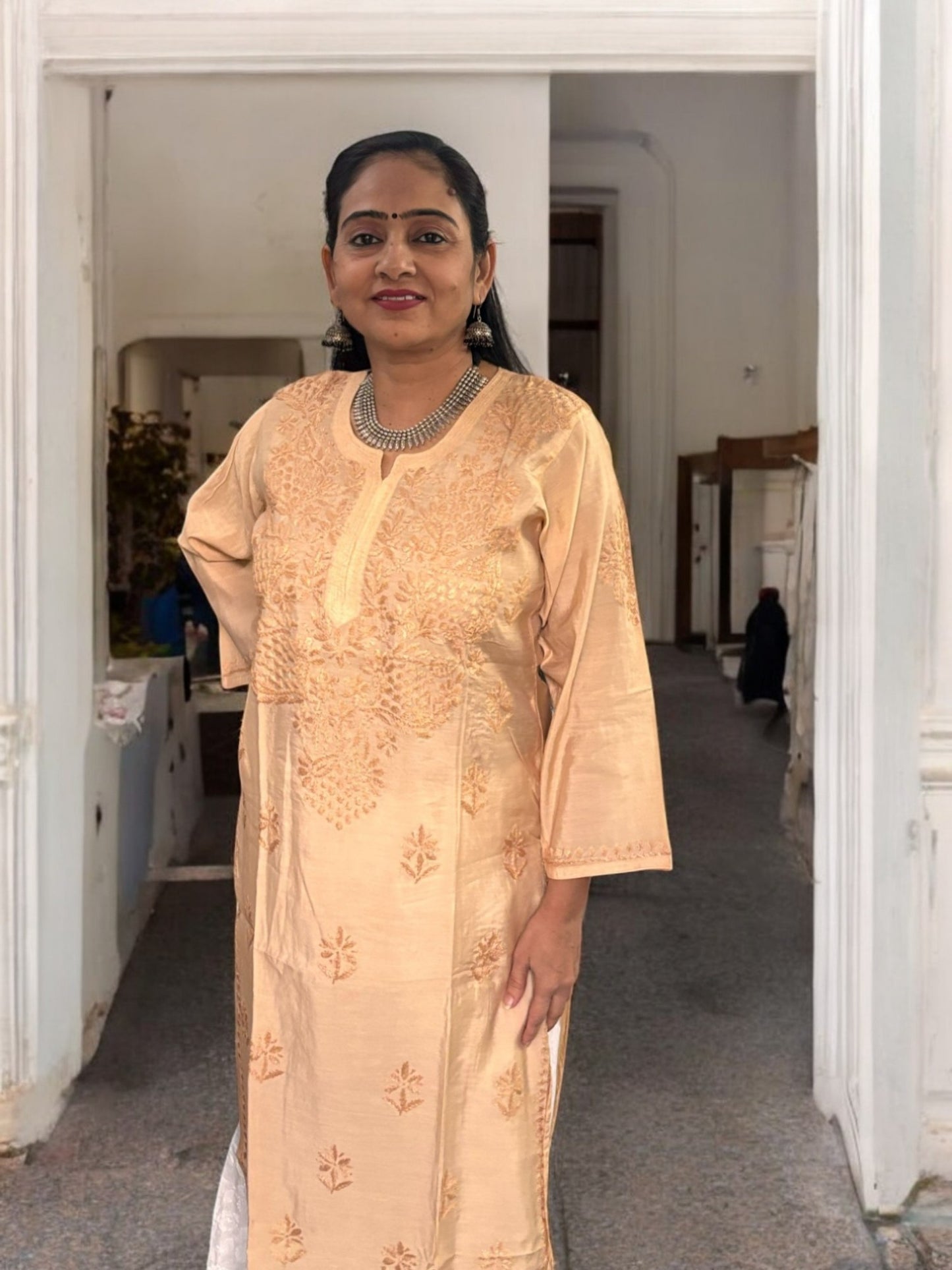 PASTEL PEACH CHANDERI COTTON CHIKANKARI KURTI