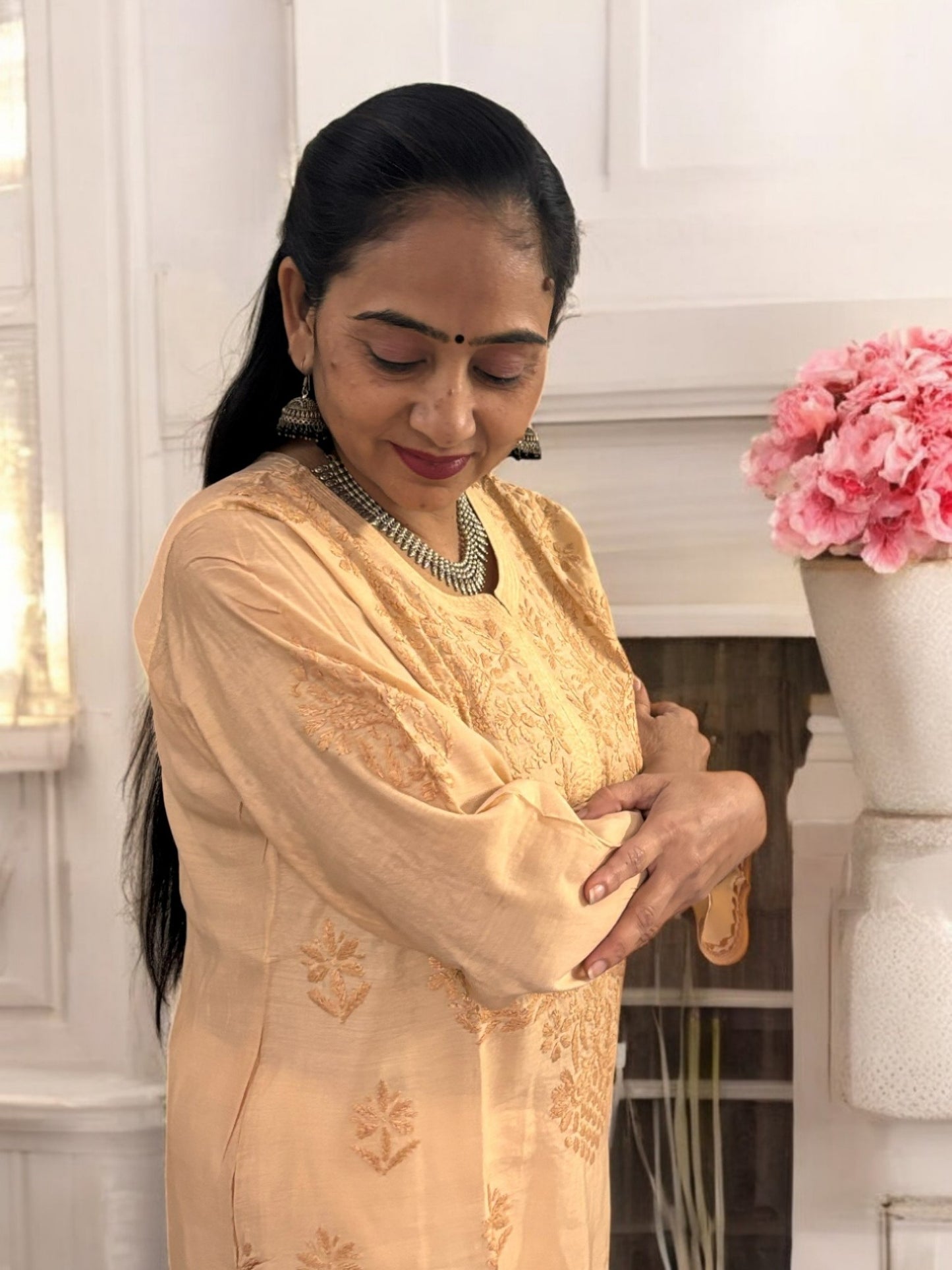 PASTEL PEACH CHANDERI COTTON CHIKANKARI KURTI