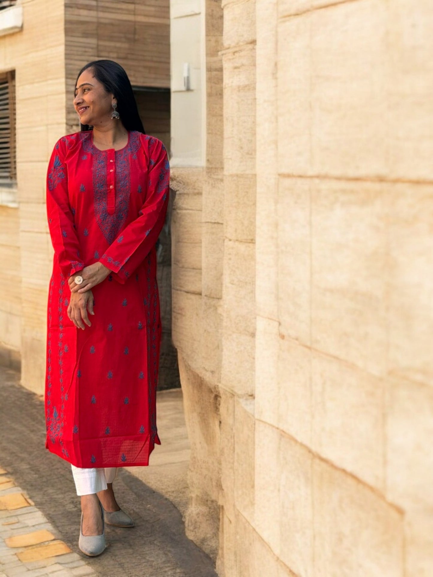 ELEGANT RED CHIKANKARI NOORI WITH BLUE EMBROIDERY