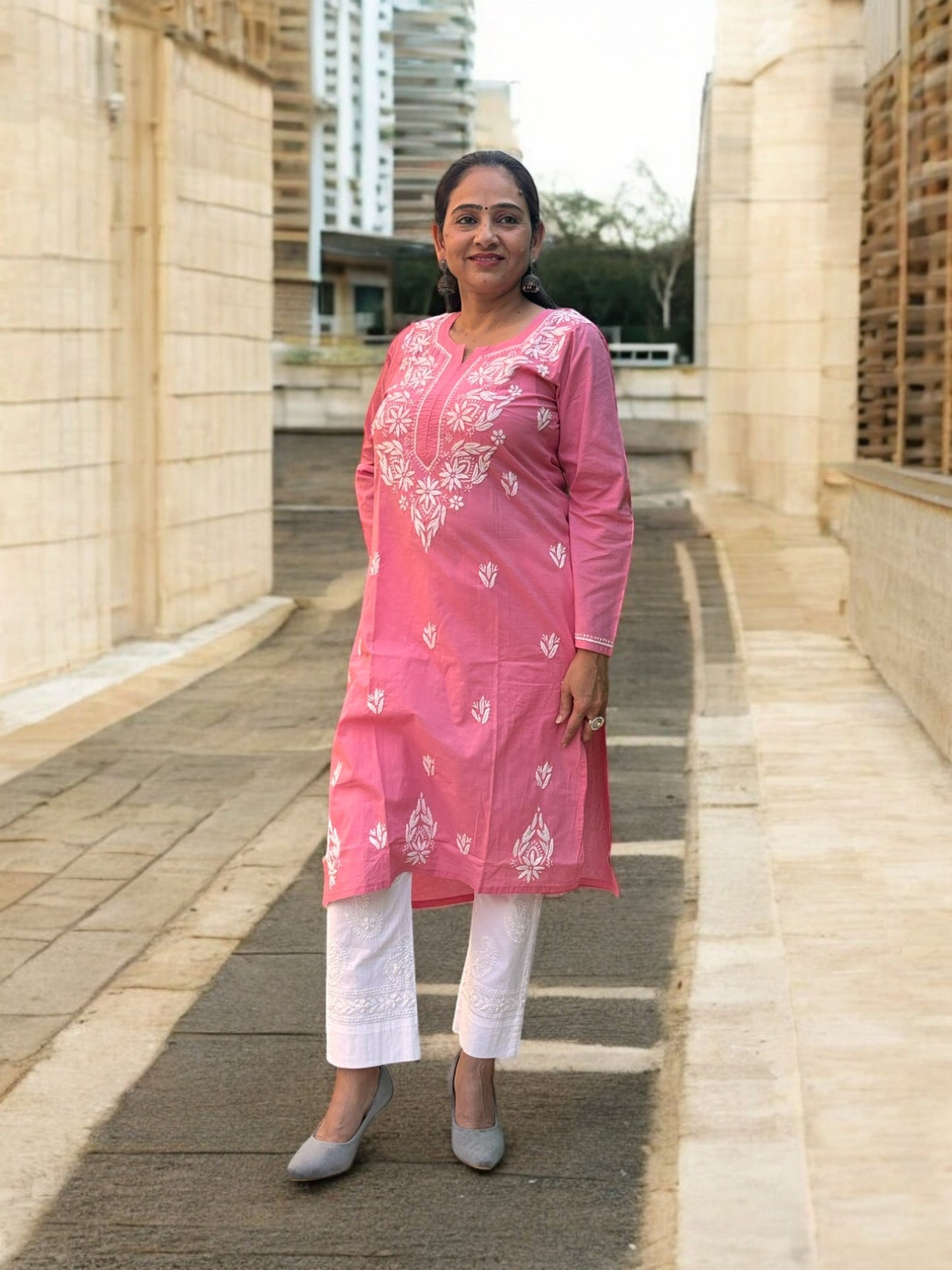 PINK NIRVI COTTON CHIKANKARI STRAIGHT KURTI