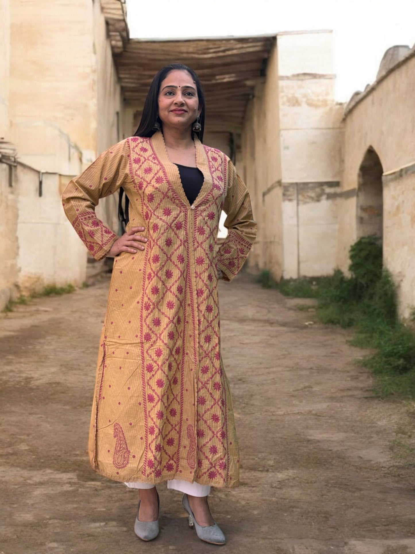 EXCLUSIVE LIGHT BROWN LONG NOORI JACKET WITH HANDCRAFTED CHIKANKARI