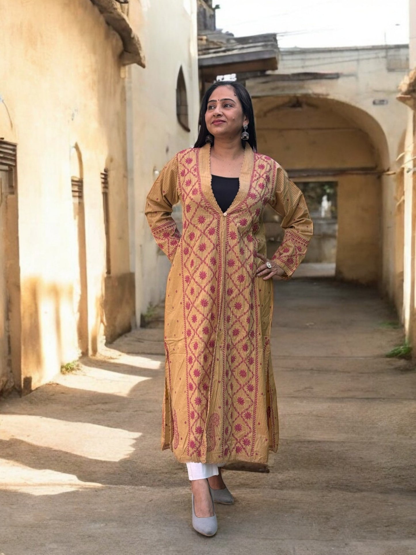 EXCLUSIVE LIGHT BROWN LONG NOORI JACKET WITH HANDCRAFTED CHIKANKARI