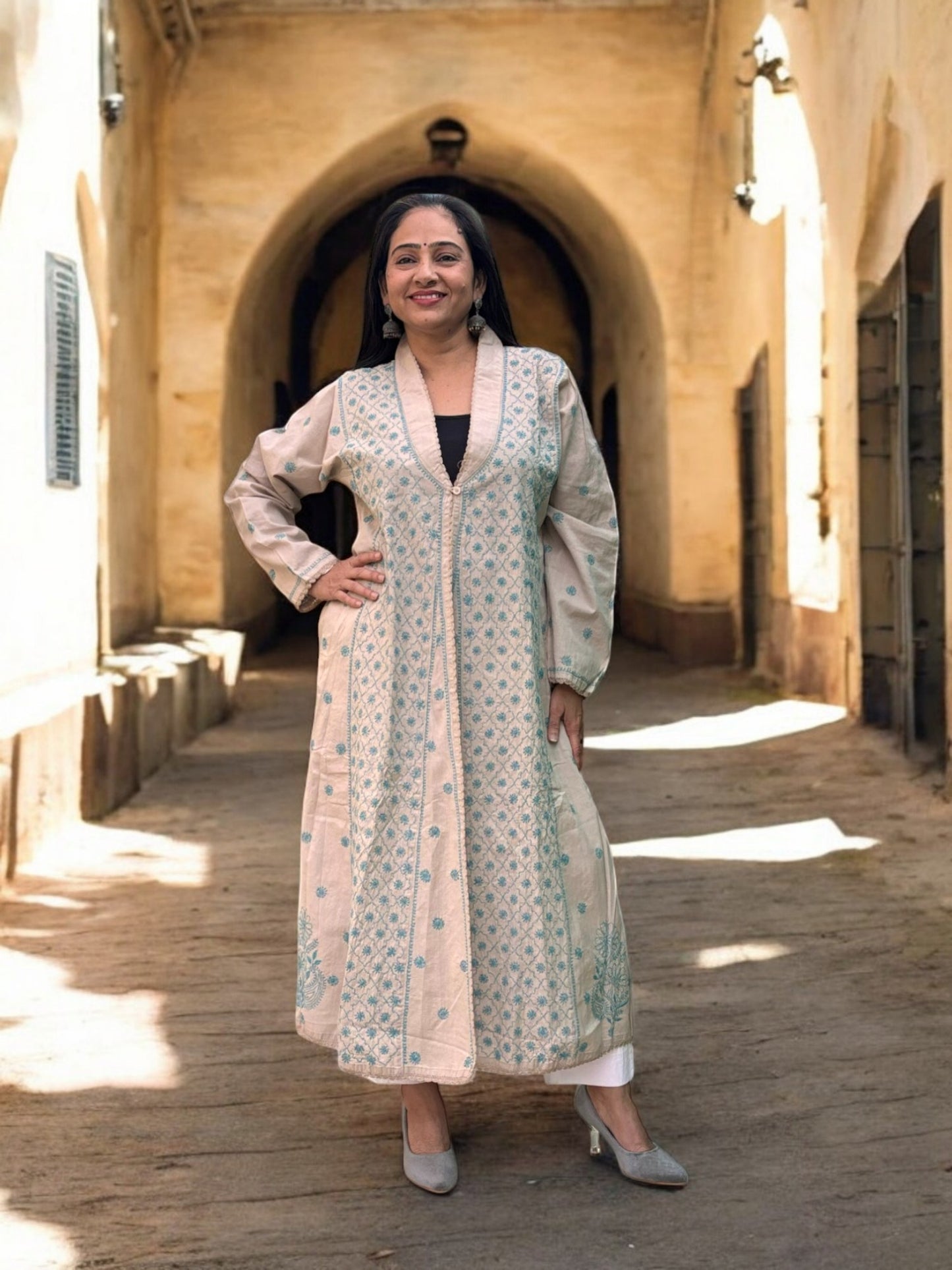 EXCLUSIVE GREY COLOR LONG NOORI JACKET WITH HANDCRAFTED CHIKANKARI