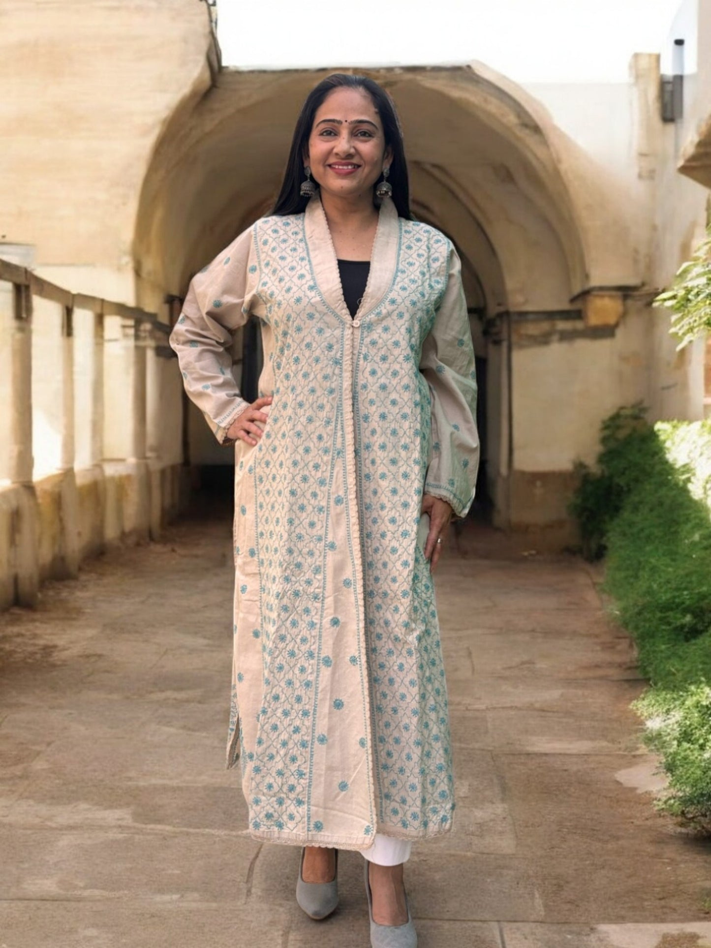EXCLUSIVE GREY COLOR LONG NOORI JACKET WITH HANDCRAFTED CHIKANKARI