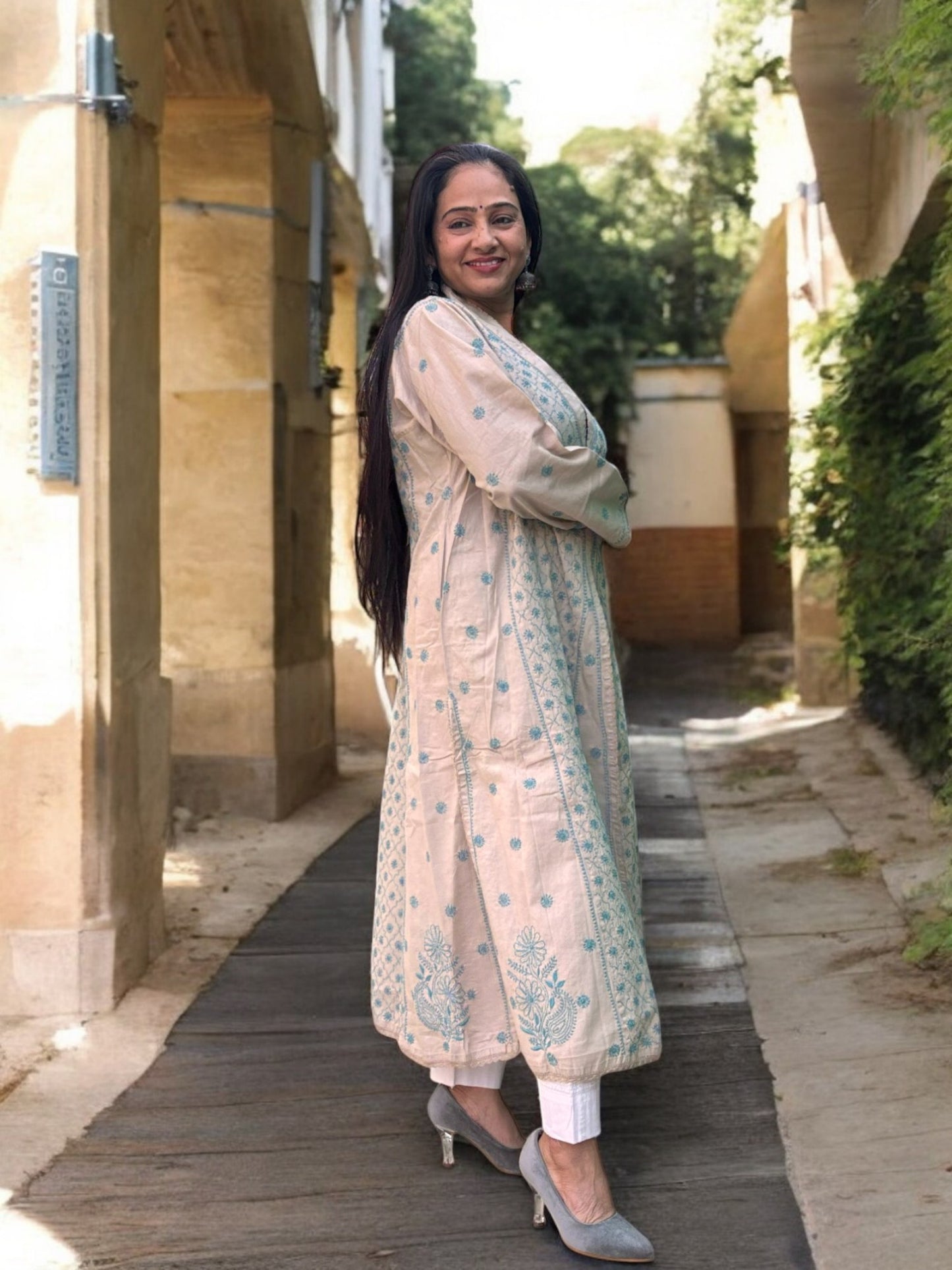 EXCLUSIVE GREY COLOR LONG NOORI JACKET WITH HANDCRAFTED CHIKANKARI