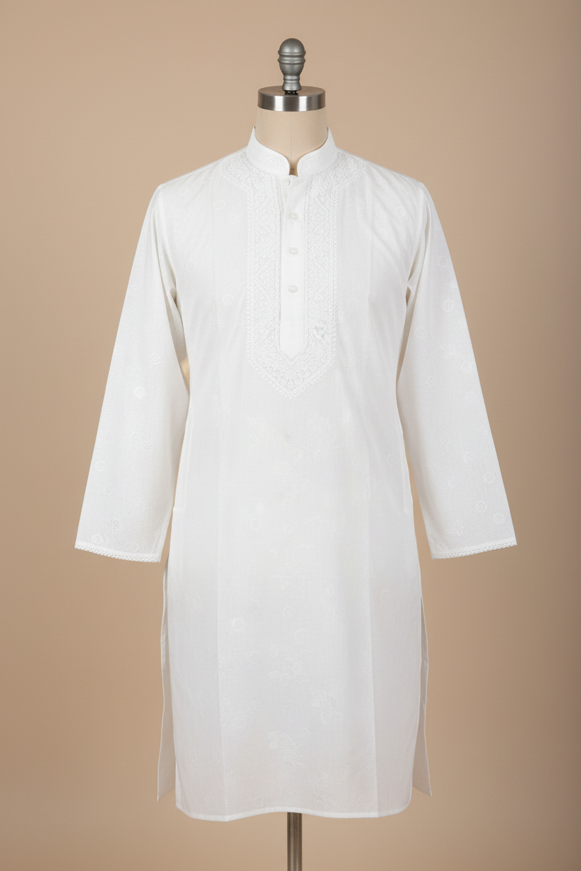 MEN’S WHITE SELF-PRINT CHIKANKARI KURTA