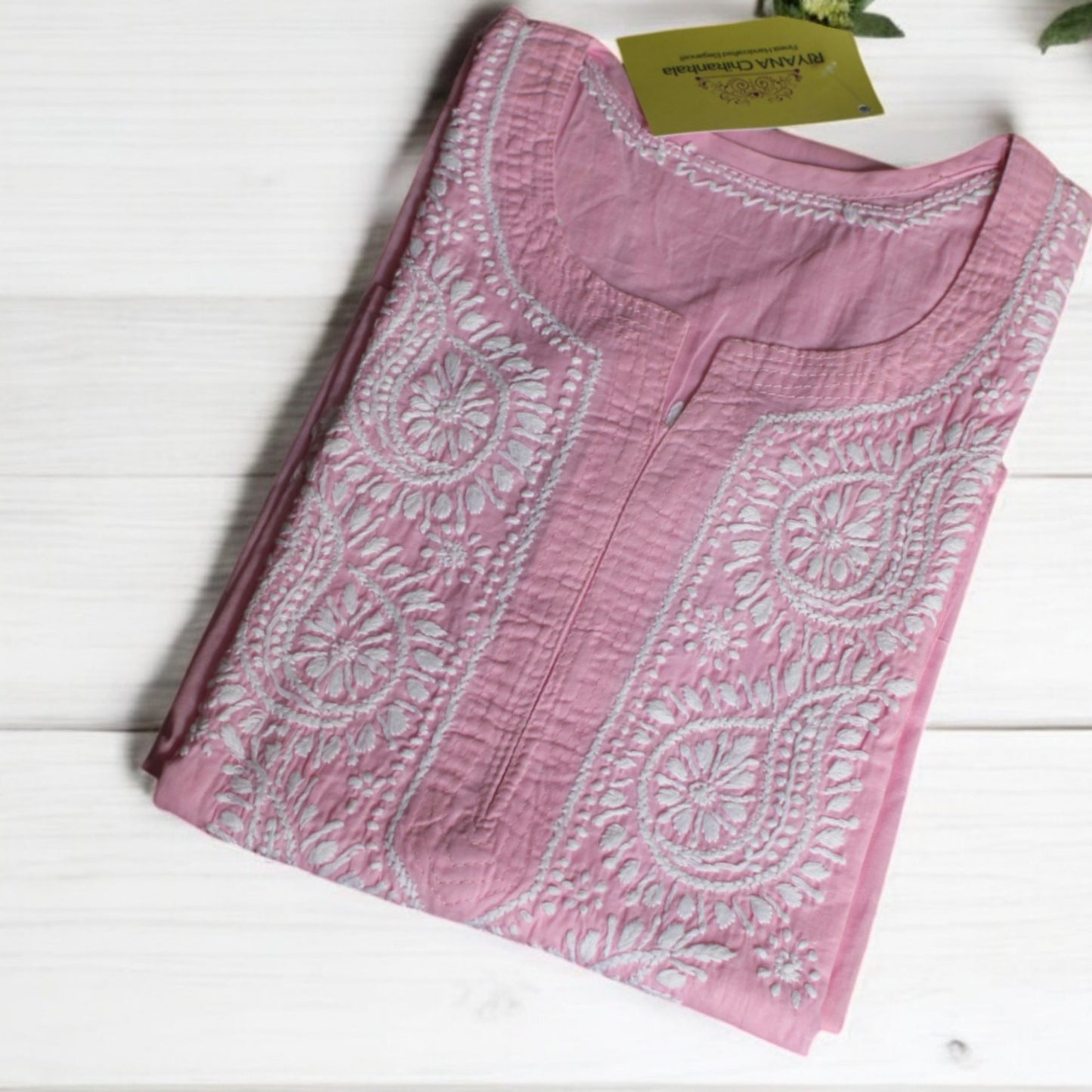 LIGHT PINK NIRVI COTTON CHIKANKARI STRAIGHT KURTI
