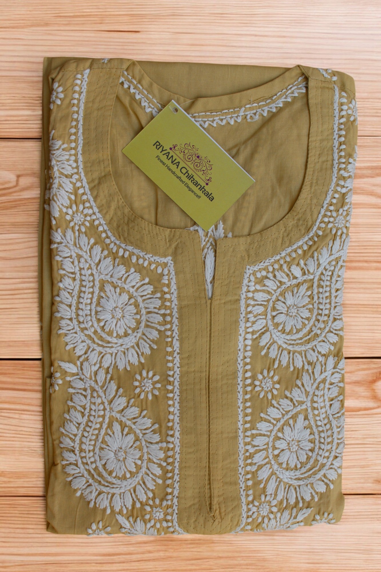BEIGE NIRVI COTTON CHIKANKARI STRAIGHT KURTI