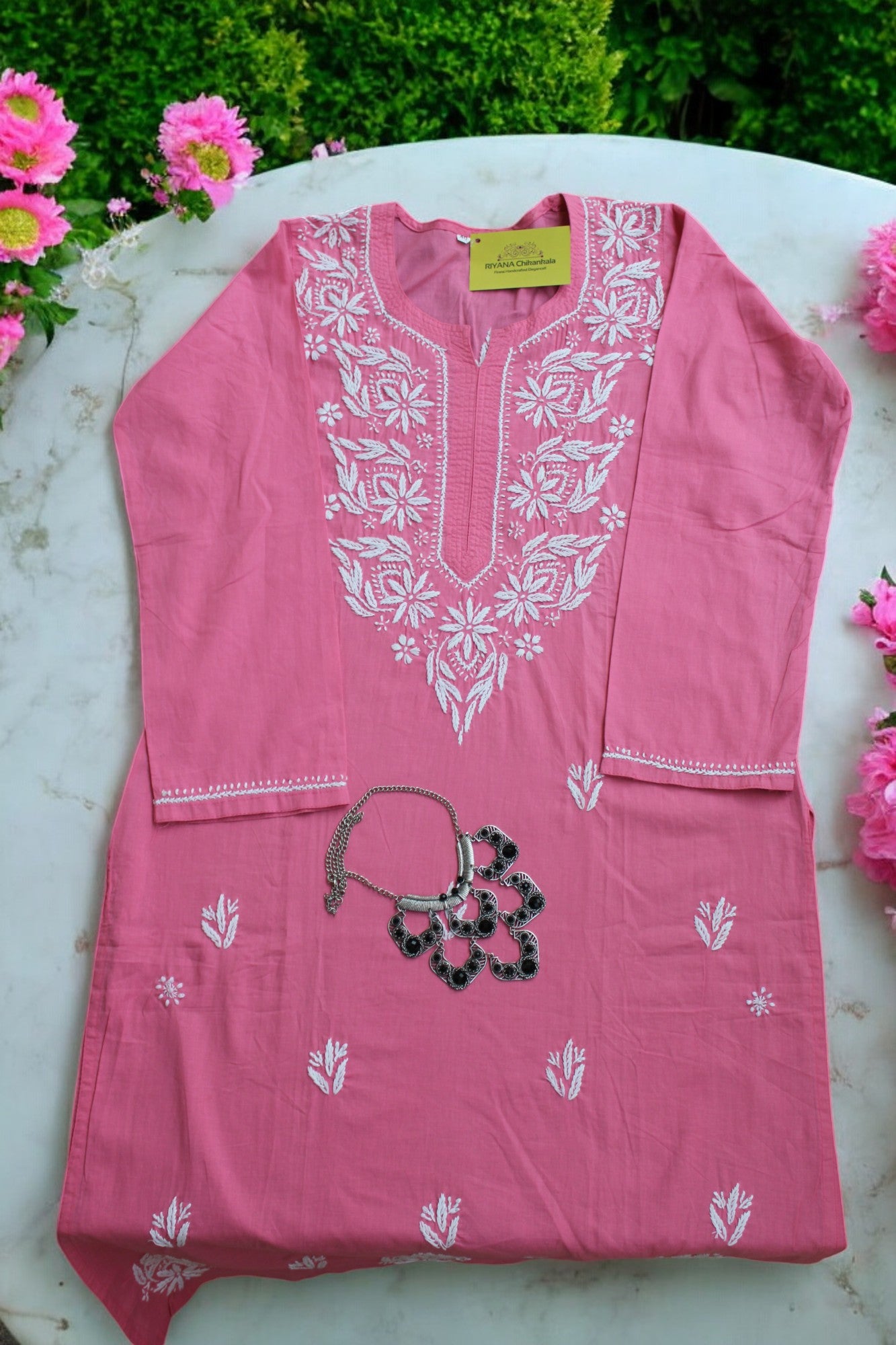 PINK NIRVI COTTON CHIKANKARI STRAIGHT KURTI