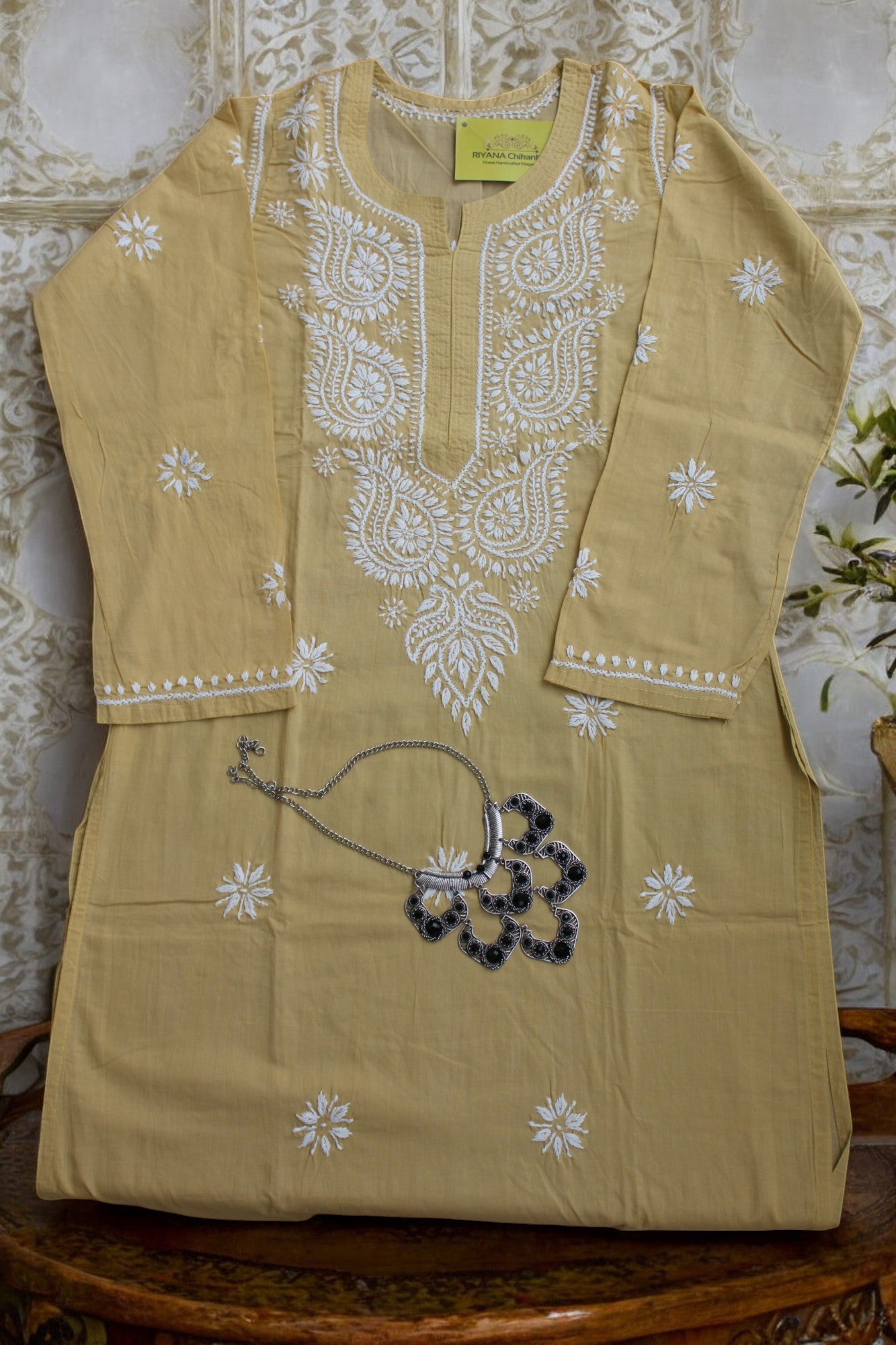 BEIGE NIRVI COTTON CHIKANKARI STRAIGHT KURTI