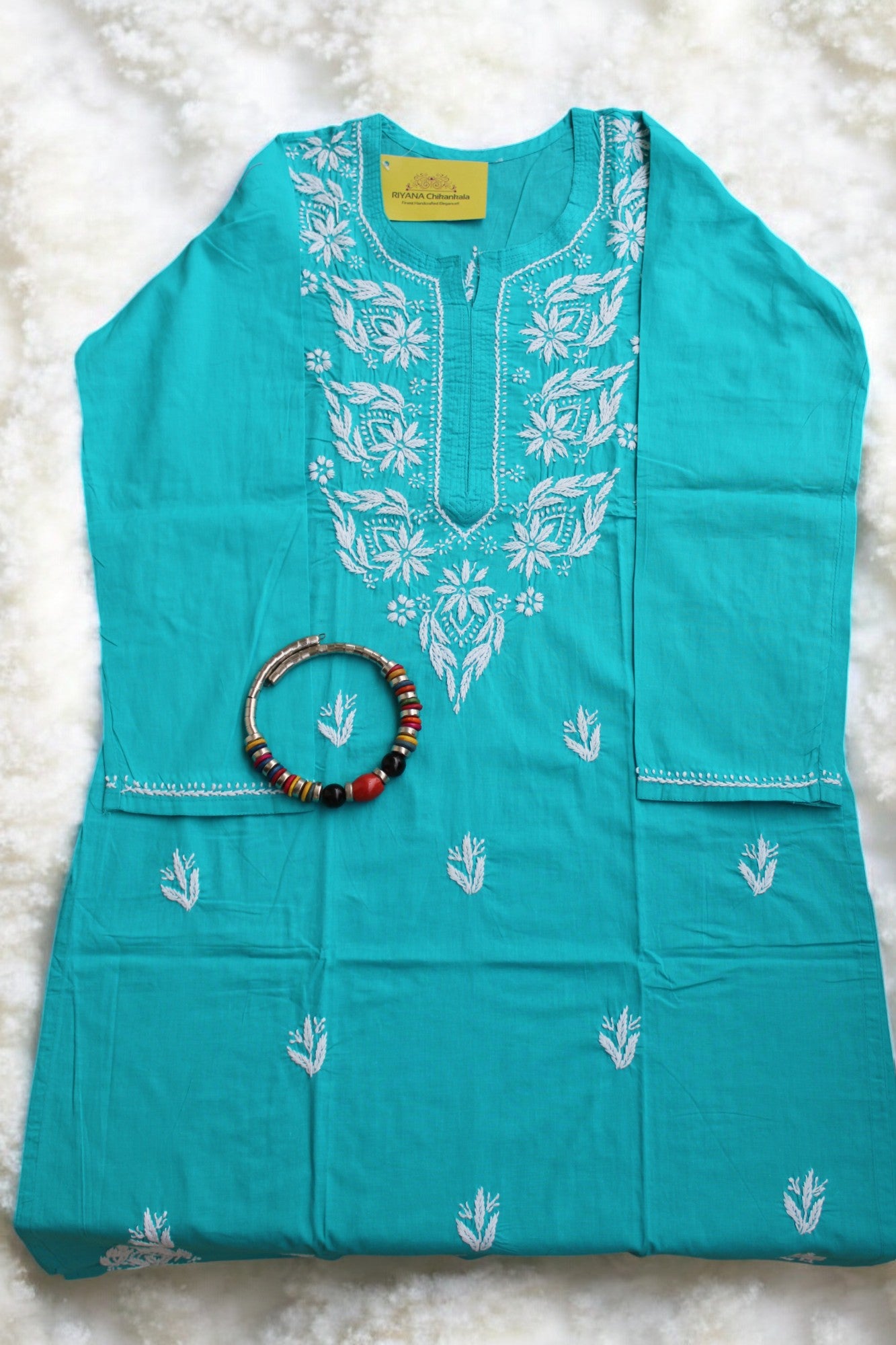 TURQUOISE BLUE NIRVI COTTON CHIKANKARI STRAIGHT KURTI