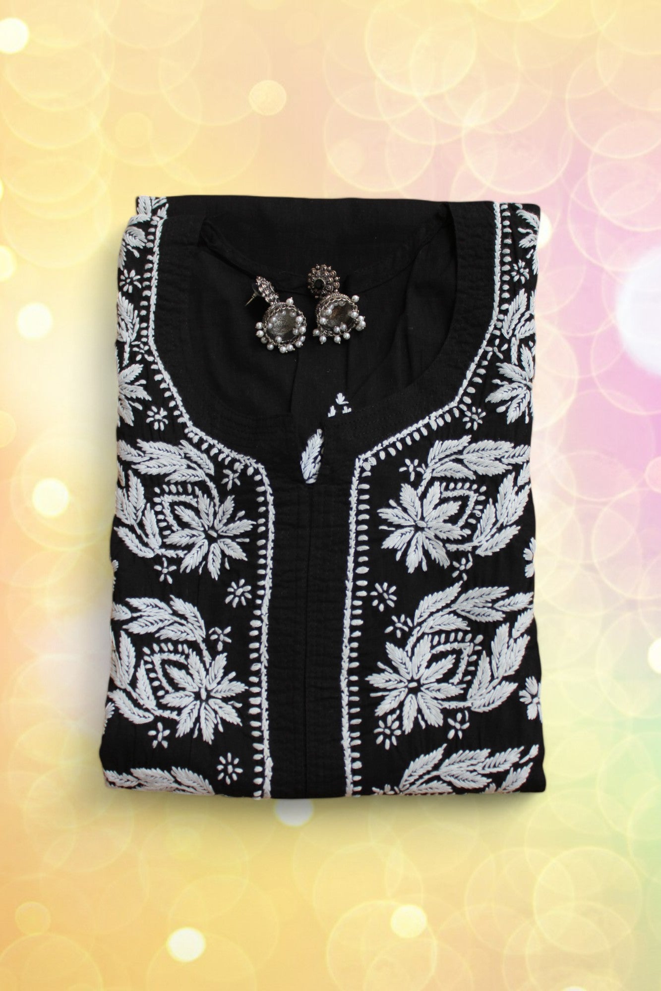 BLACK NIRVI COTTON CHIKANKARI STRAIGHT KURTI
