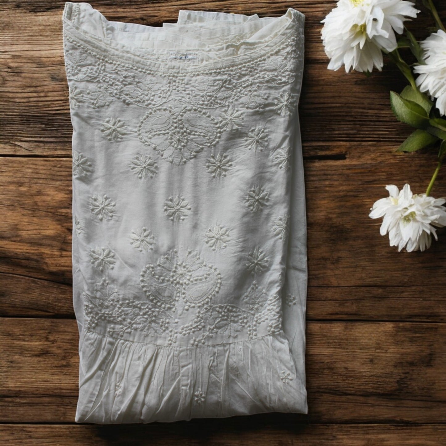 PREMIUM WHITE COTTON SHORT HANDCRAFTED KURTI