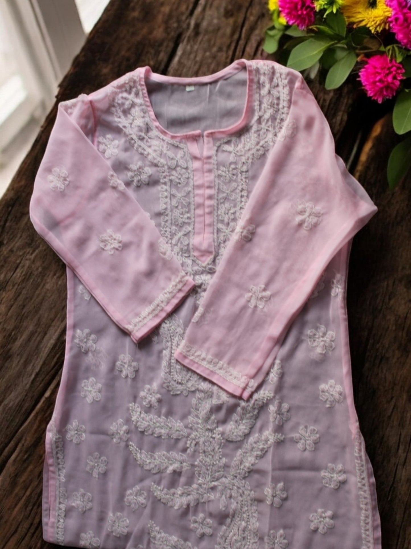 PINK GEORGETTE CHIKANKARI STRAIGHT KURTI