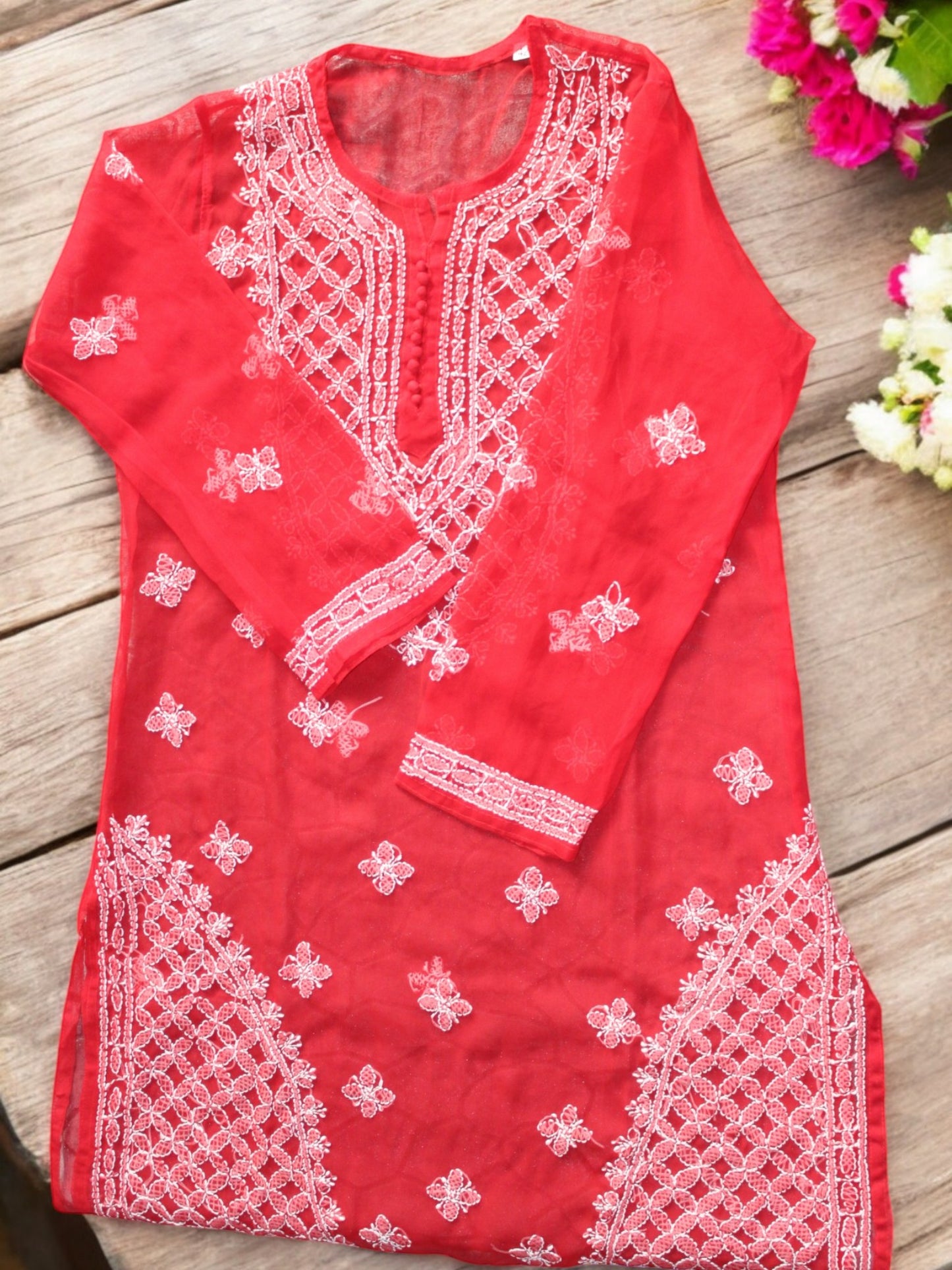 RED GEORGETTE CHIKANKARI STRAIGHT KURTI