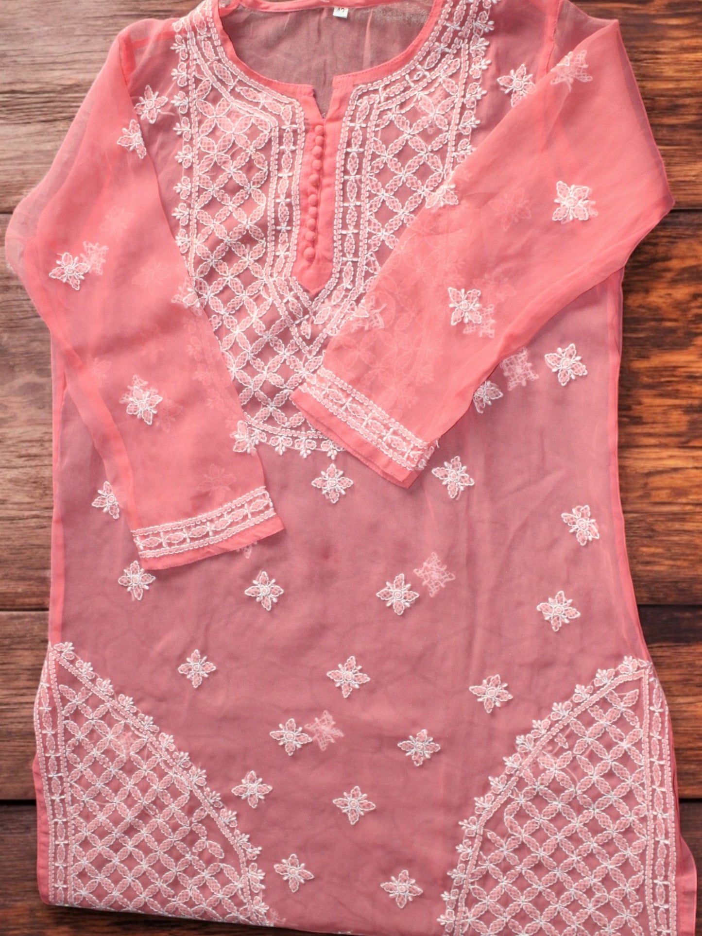 PEACH GEORGETTE CHIKANKARI KURTI