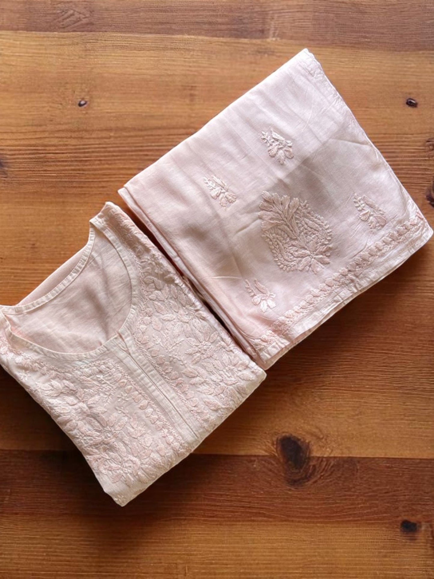 PASTEL PEACH COLOR CHANDERI COTTON SUIT WITH CHIKANKARI