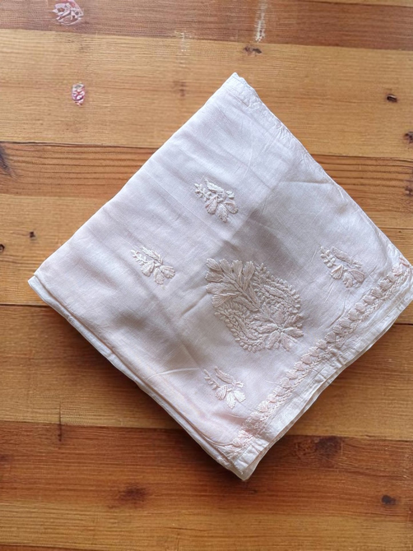 PASTEL PEACH COLOR CHANDERI COTTON SUIT WITH CHIKANKARI