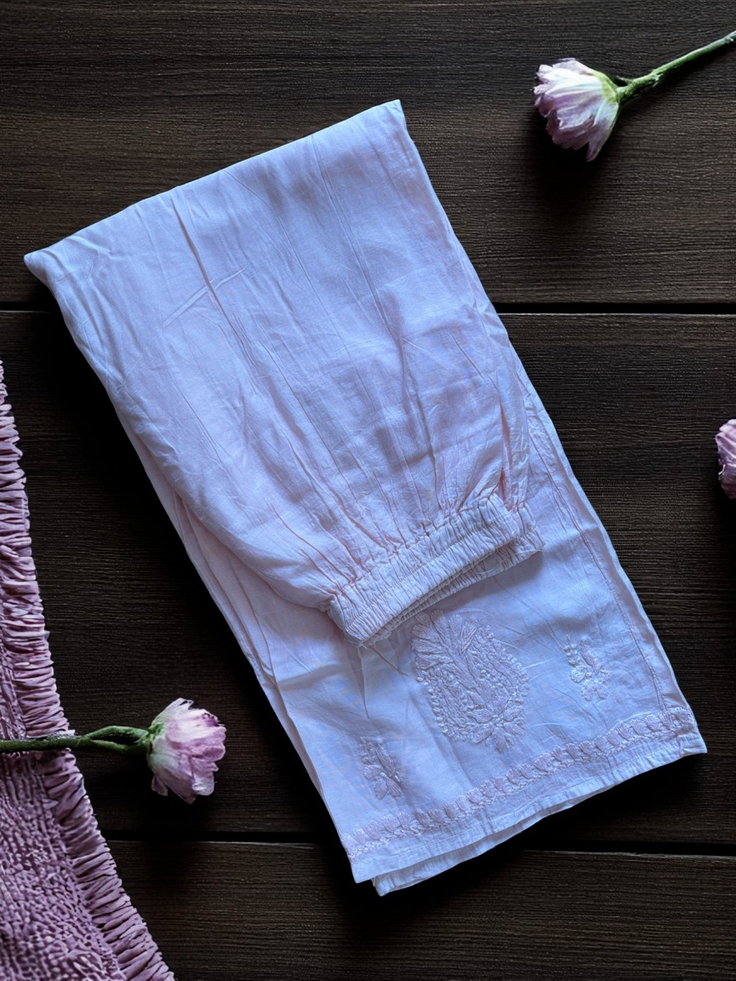 PASTEL PEACH COLOR CHANDERI COTTON SUIT WITH CHIKANKARI