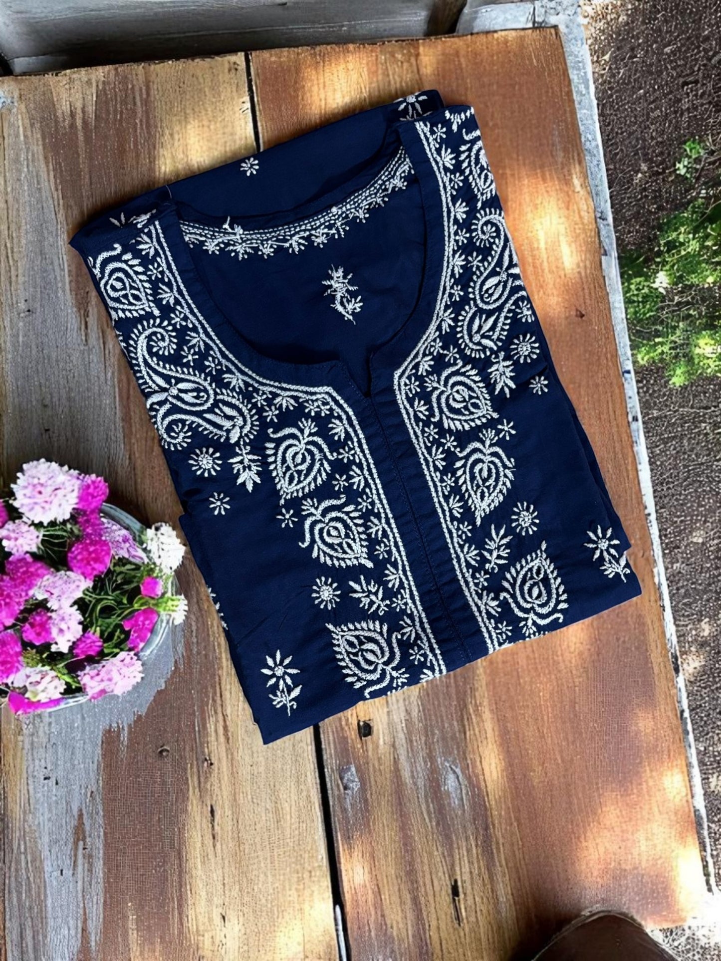 DARK BLUE NOORI STYLE HANDCRAFTED CHIKANKARI STRAIGHT KURTI