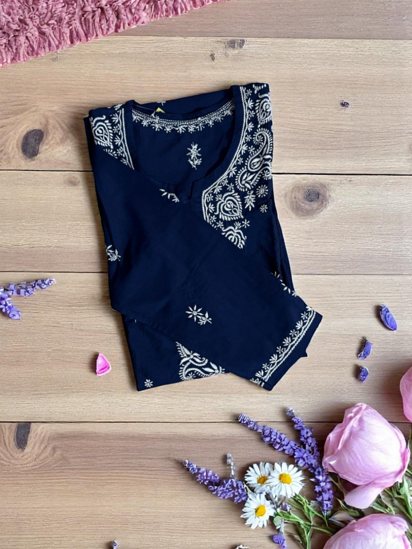 DARK BLUE NOORI STYLE HANDCRAFTED CHIKANKARI STRAIGHT KURTI