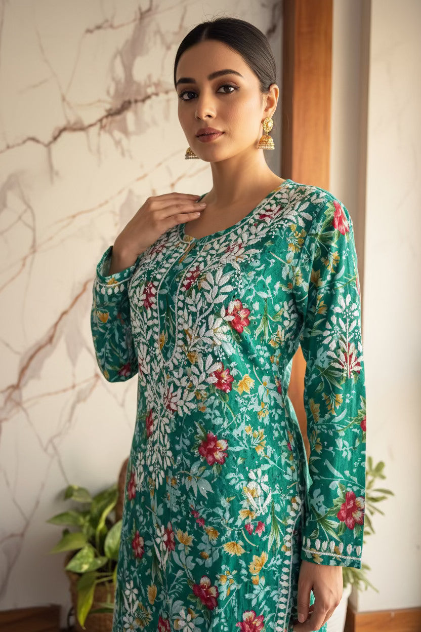 PRINTED MUL COTTON MUSTARD CHIKANKARI KURTA SET