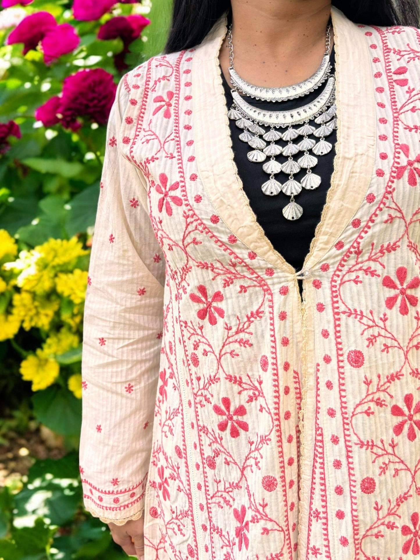 EXCLUSIVE CREAM COLOR LONG NOORI JACKET WITH HANDCRAFTED CHIKANKARI