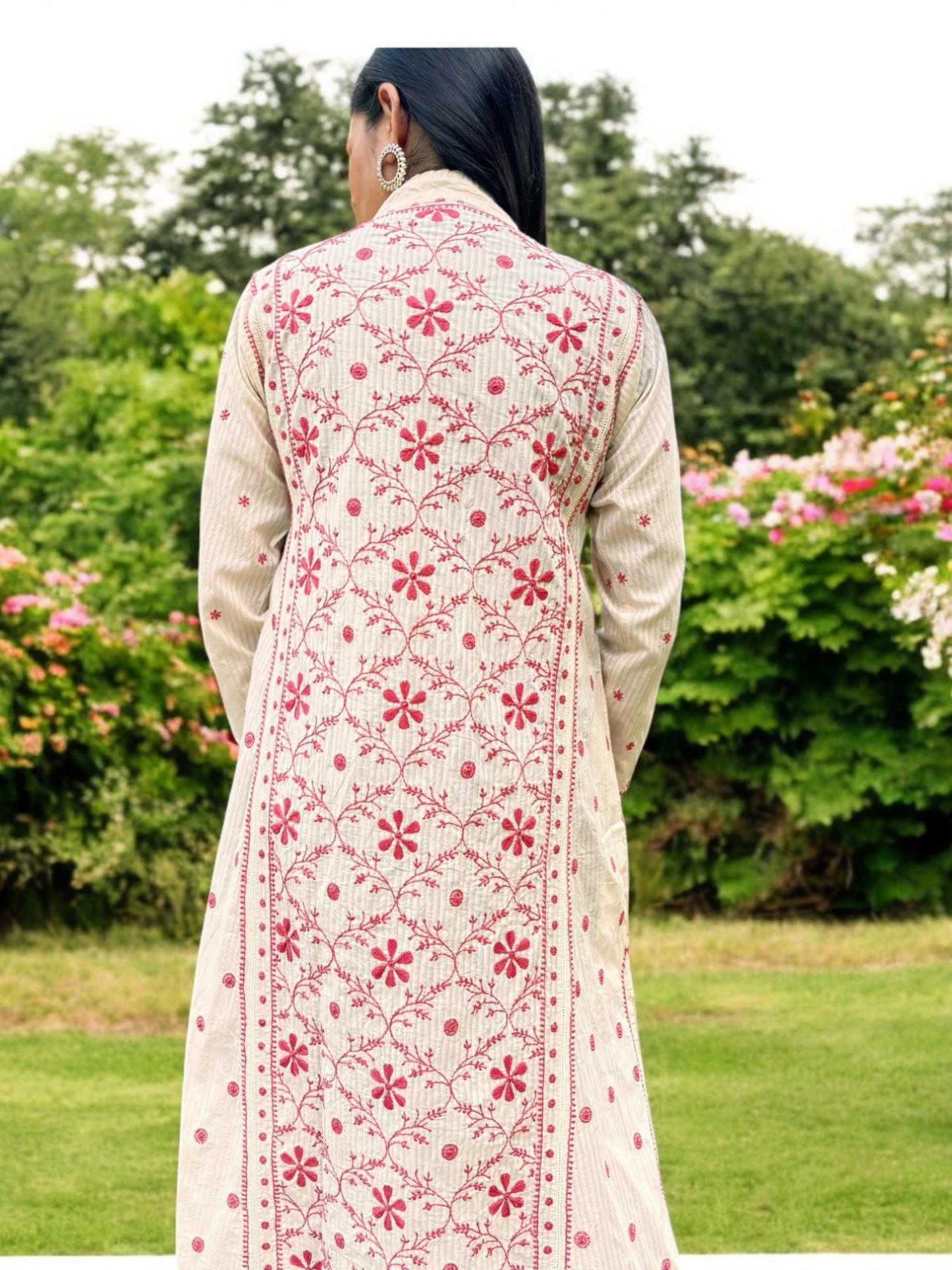 EXCLUSIVE CREAM COLOR LONG NOORI JACKET WITH HANDCRAFTED CHIKANKARI