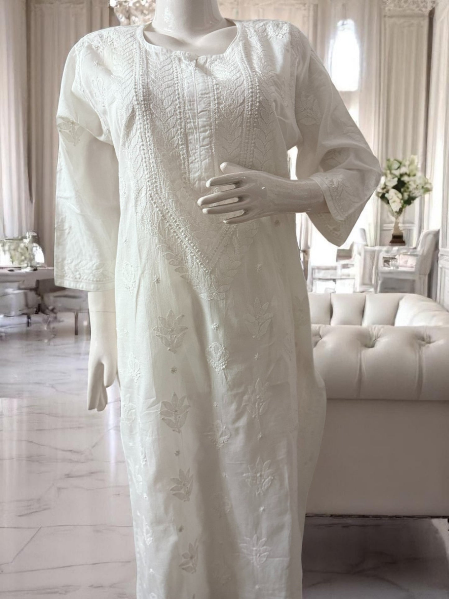 WHITE MUL COTTON CHIKANKARI KURTI