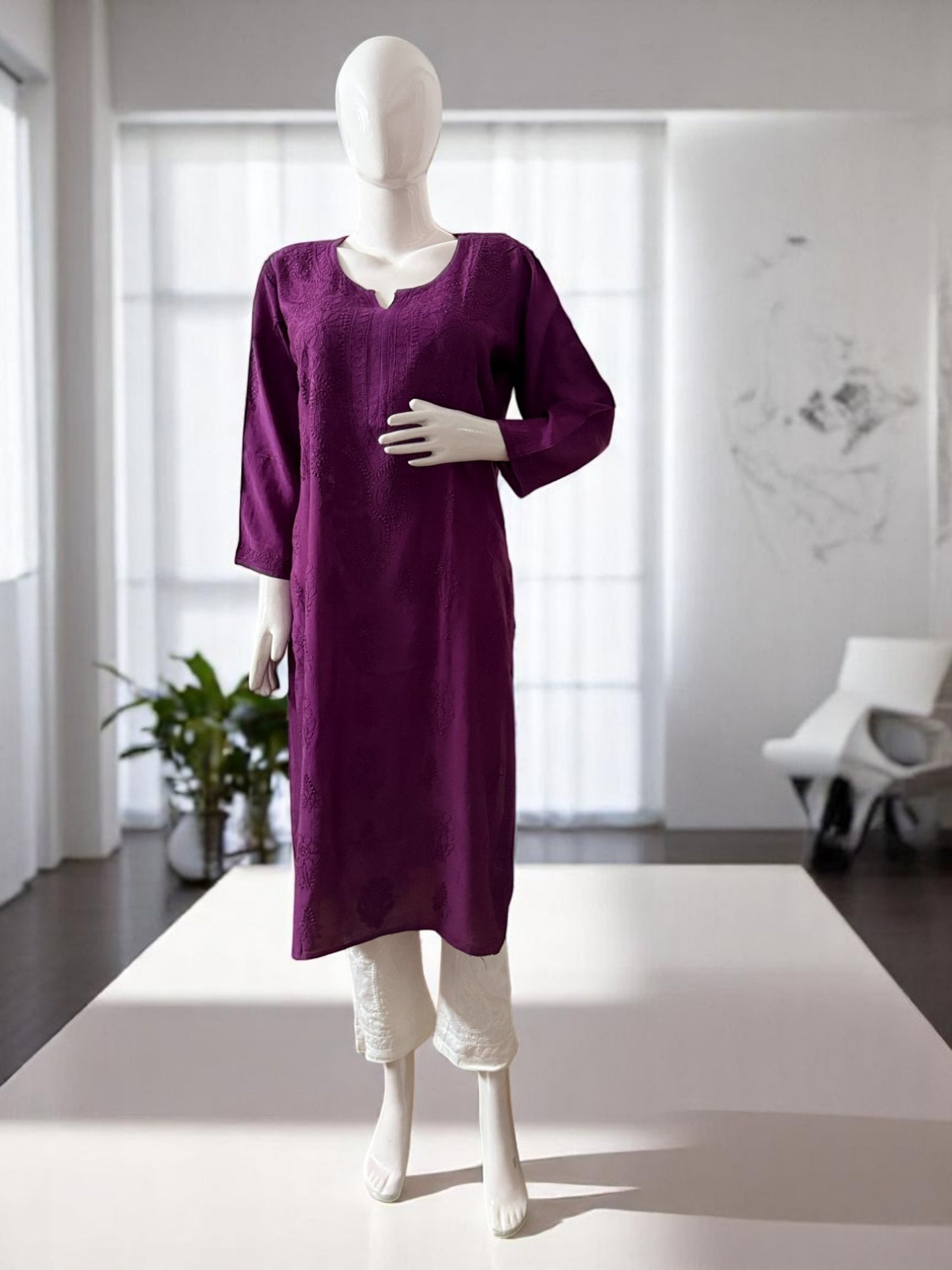 DARK PURPLE MUSLIN CHIKANKARI KURTI WITH BACK STITCH