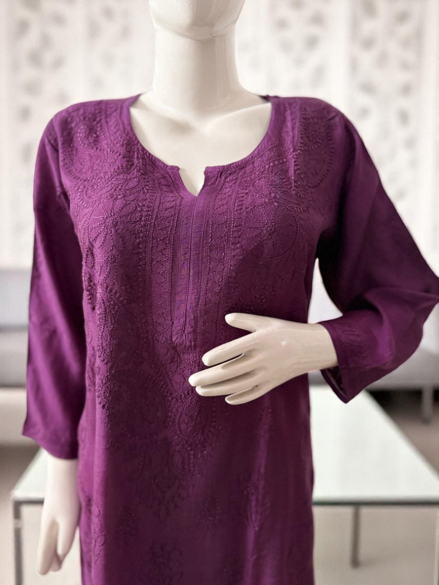 DARK PURPLE MUSLIN CHIKANKARI KURTI WITH BACK STITCH