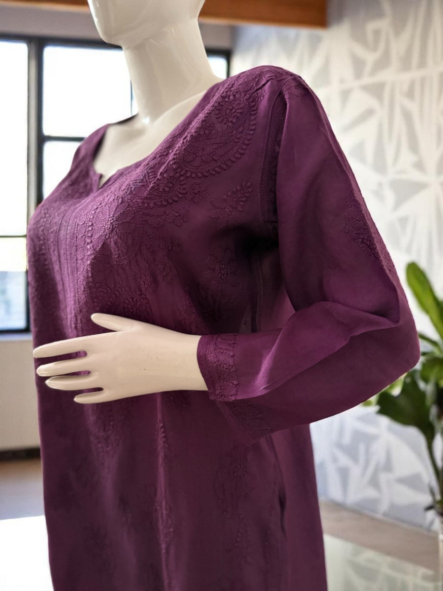DARK PURPLE MUSLIN CHIKANKARI KURTI