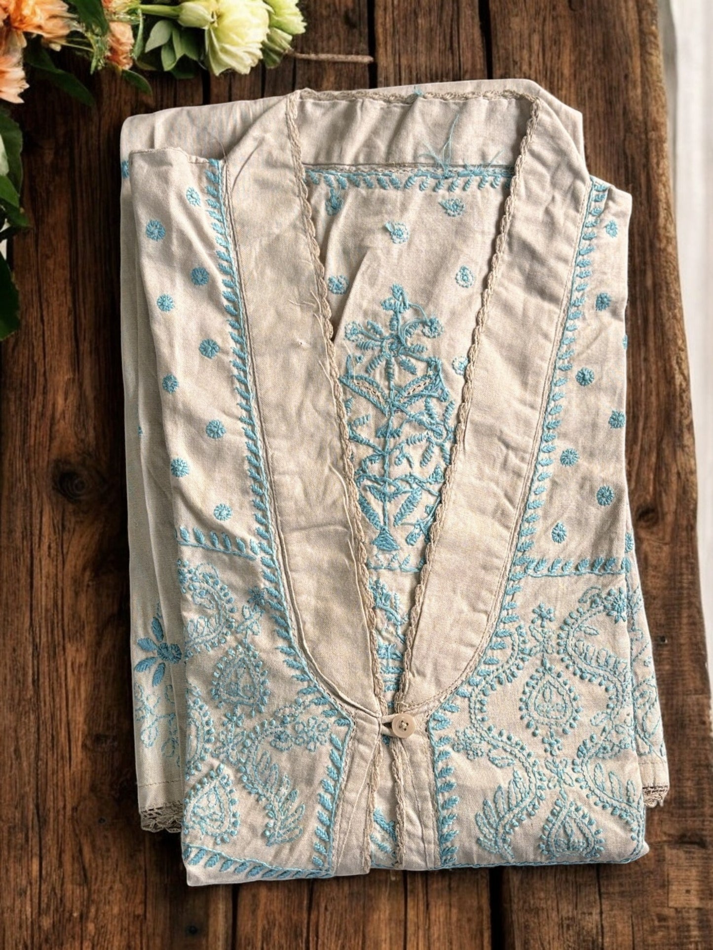 EXCLUSIVE LIGHT GREY COLOR LONG NOORI JACKET WITH HANDCRAFTED CHIKANKARI