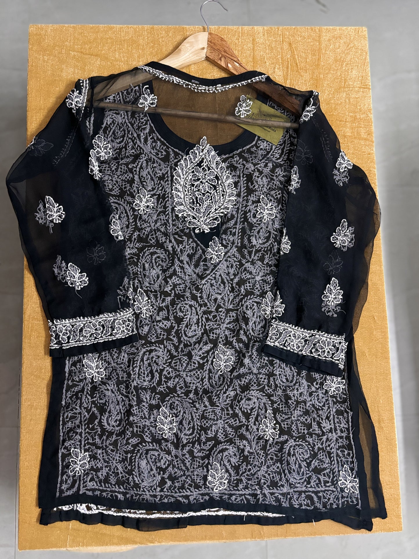 BLACK GEORGETTE SHORT CHIKANKARI KURTI