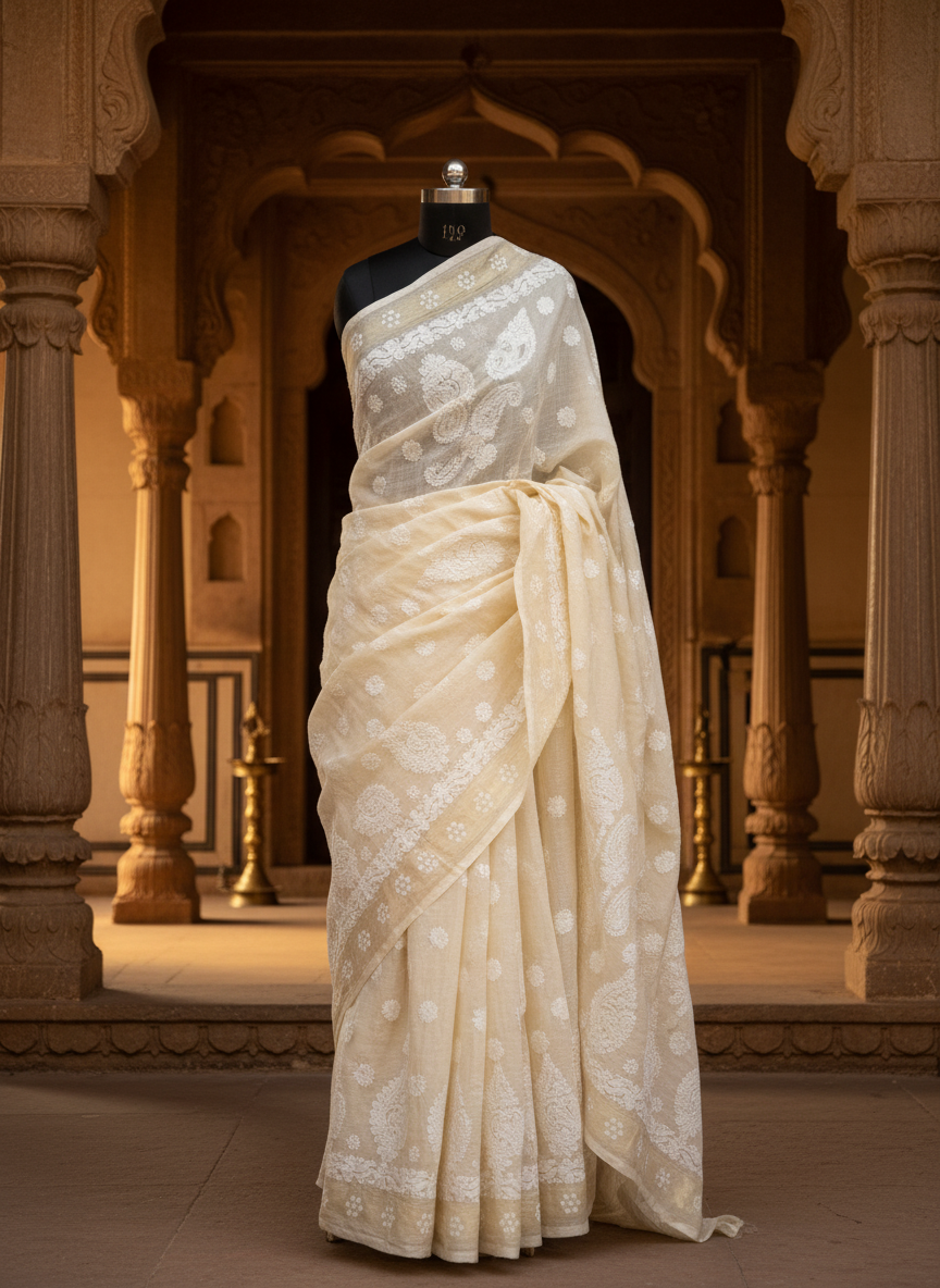HANDCRAFTED CHANDERI COTTON CHIKANKARI SAREE-GOLDEN