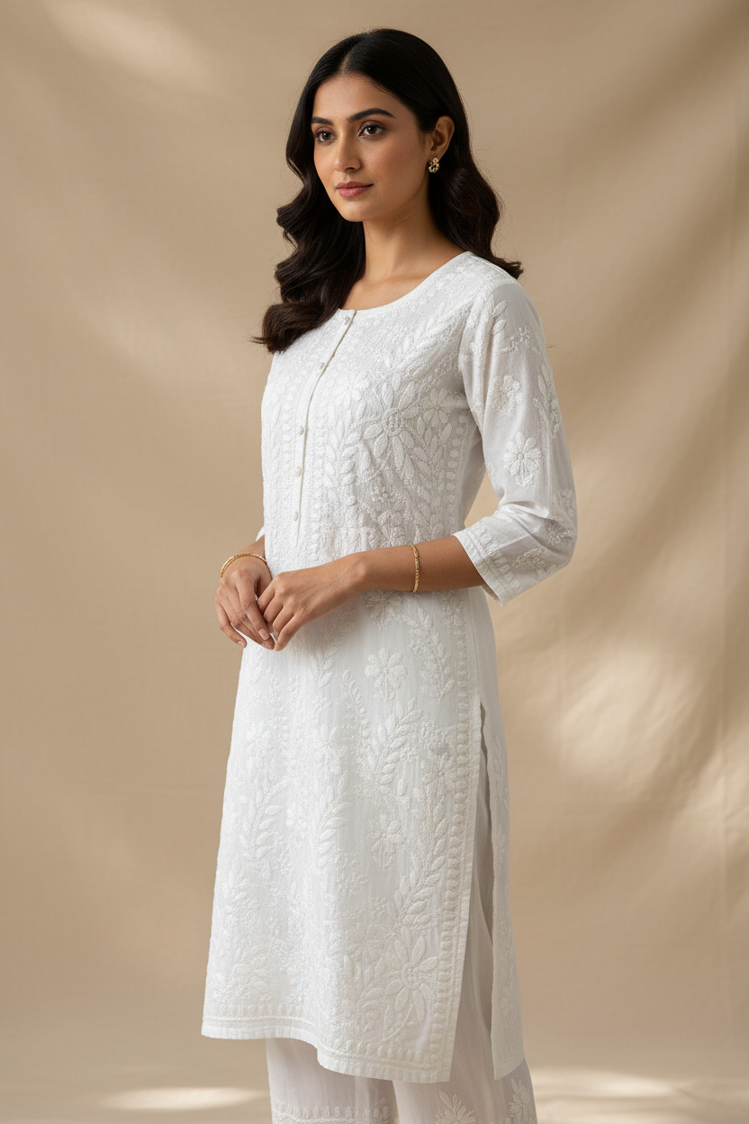 PURE ELEGANCE MUL COTTON WHITE CHIKANKARI KURTA SET