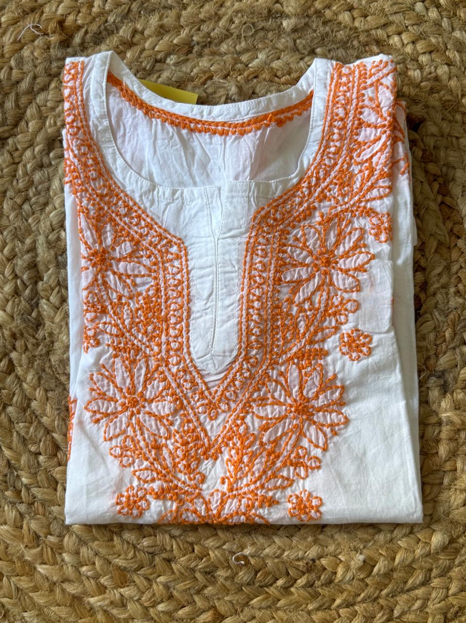 NOOR SHORT CHIKANKARI KURTI TURQUOISE ON WHITE S-40