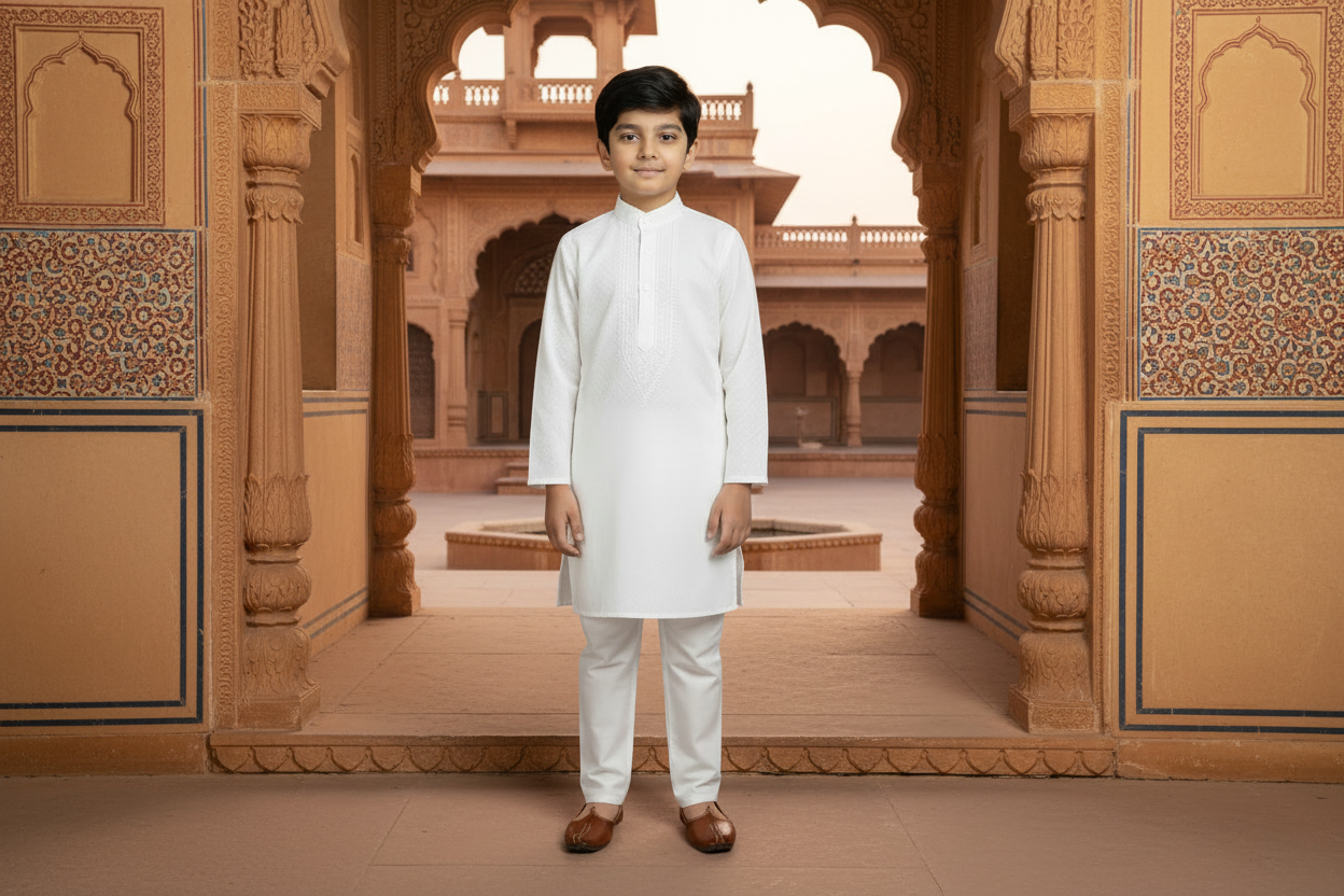 KIDS BOYS WHITE CHIKANKARI KURTA SET