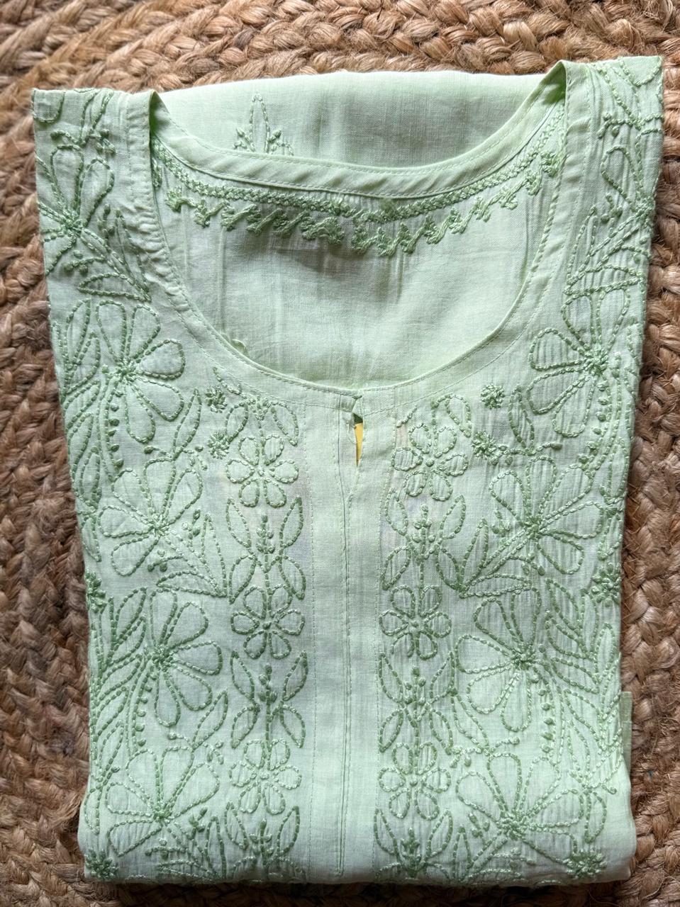 PASTEL CHANDERI COTTON SHADOW WORK CHIKANKARI KURTI
