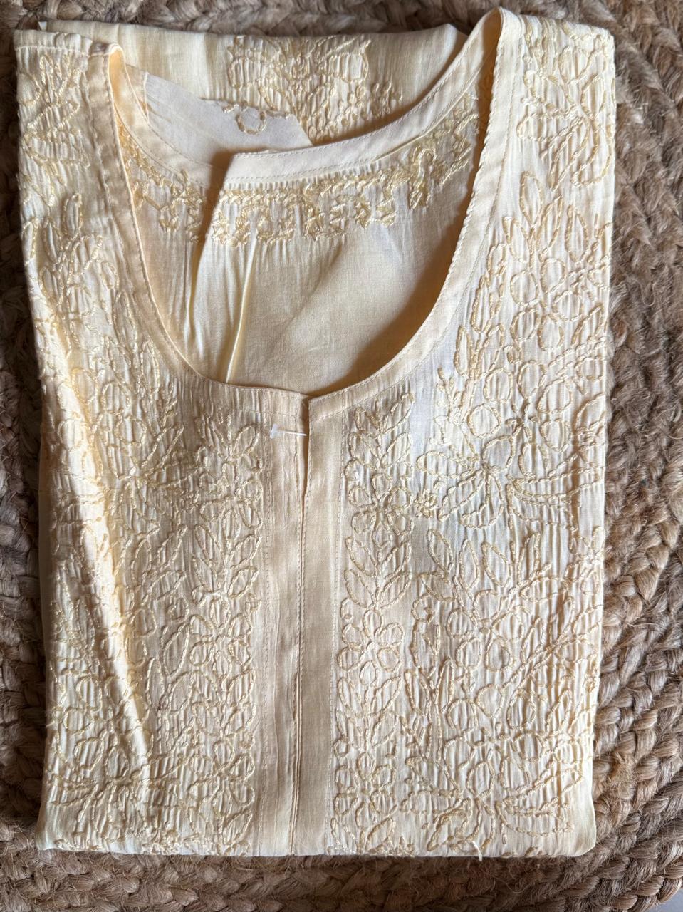 PASTEL CHANDERI COTTON SHADOW WORK CHIKANKARI KURTI