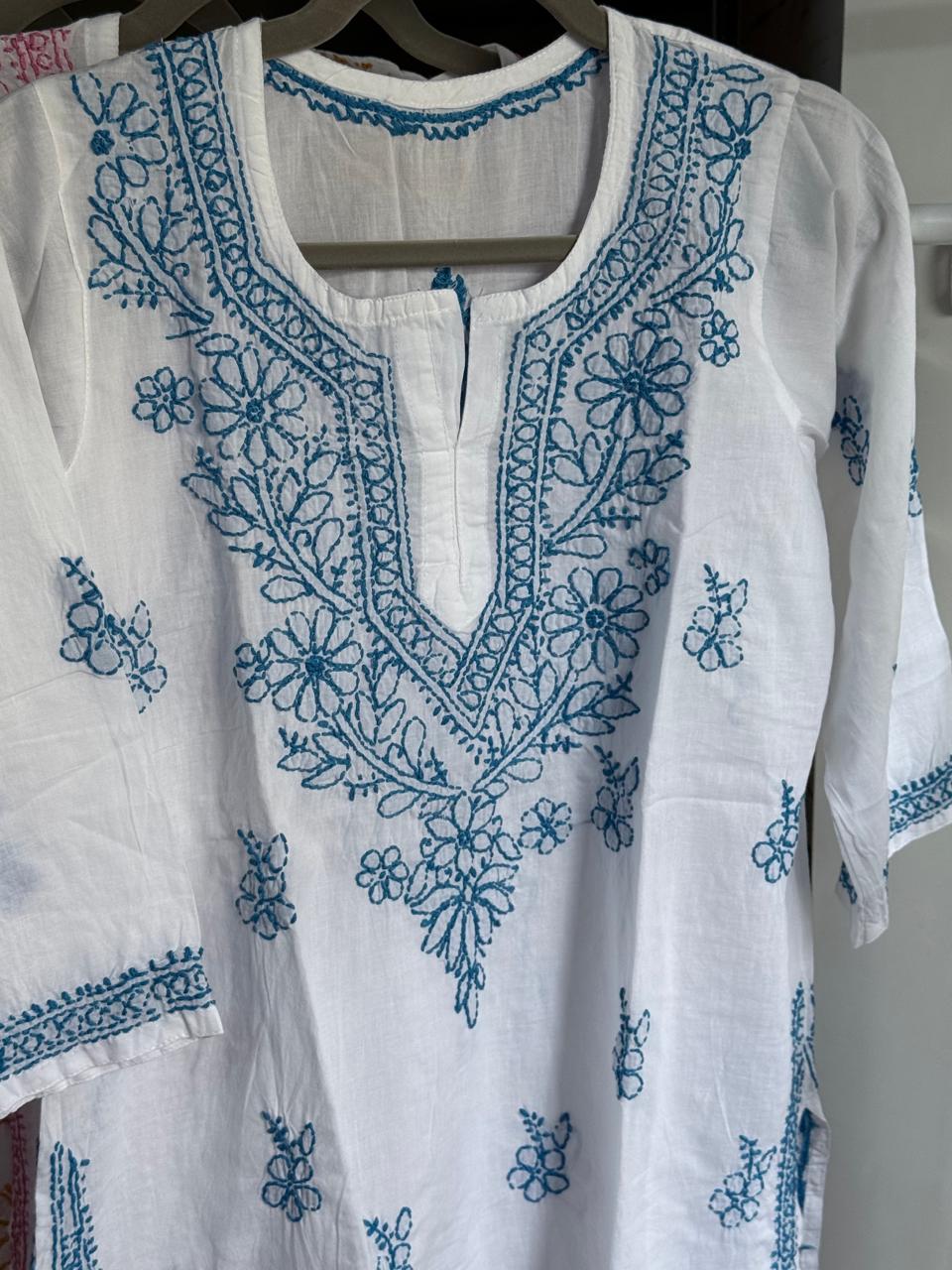 SHORT CHIKANKARI KURTI - BLUE ON WHITE S-38