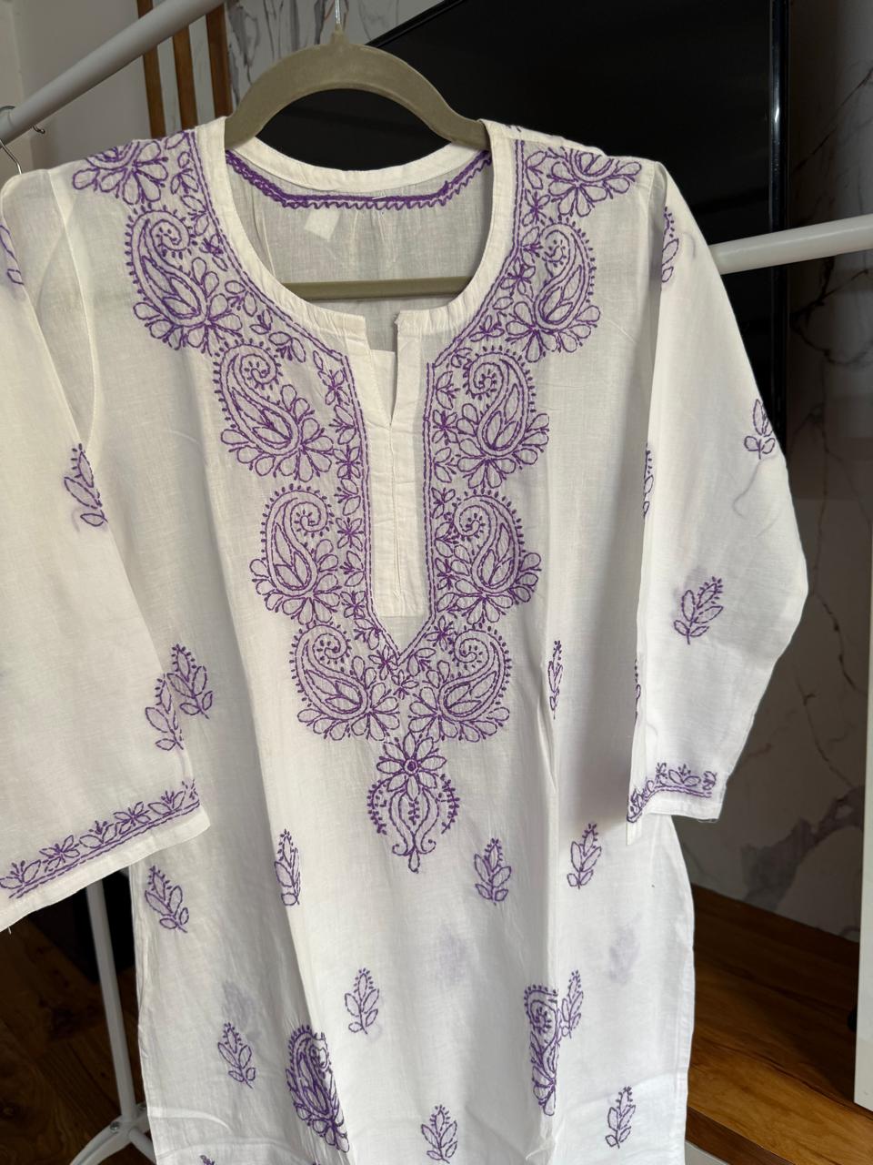 SHORT CHIKANKARI KURTI - PURPLE ON WHITE S-36