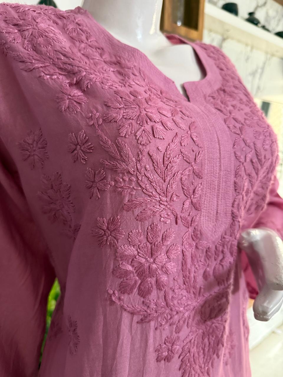 MAUVE PINK CHANDERI COTTON SUIT WITH CHIKANKARI 011