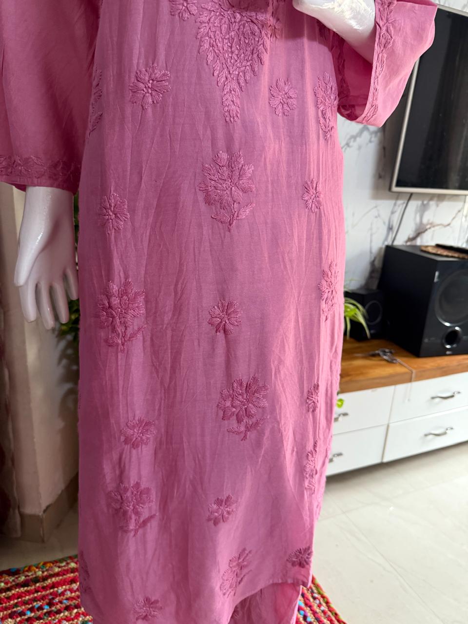 MAUVE PINK CHANDERI COTTON SUIT WITH CHIKANKARI 011