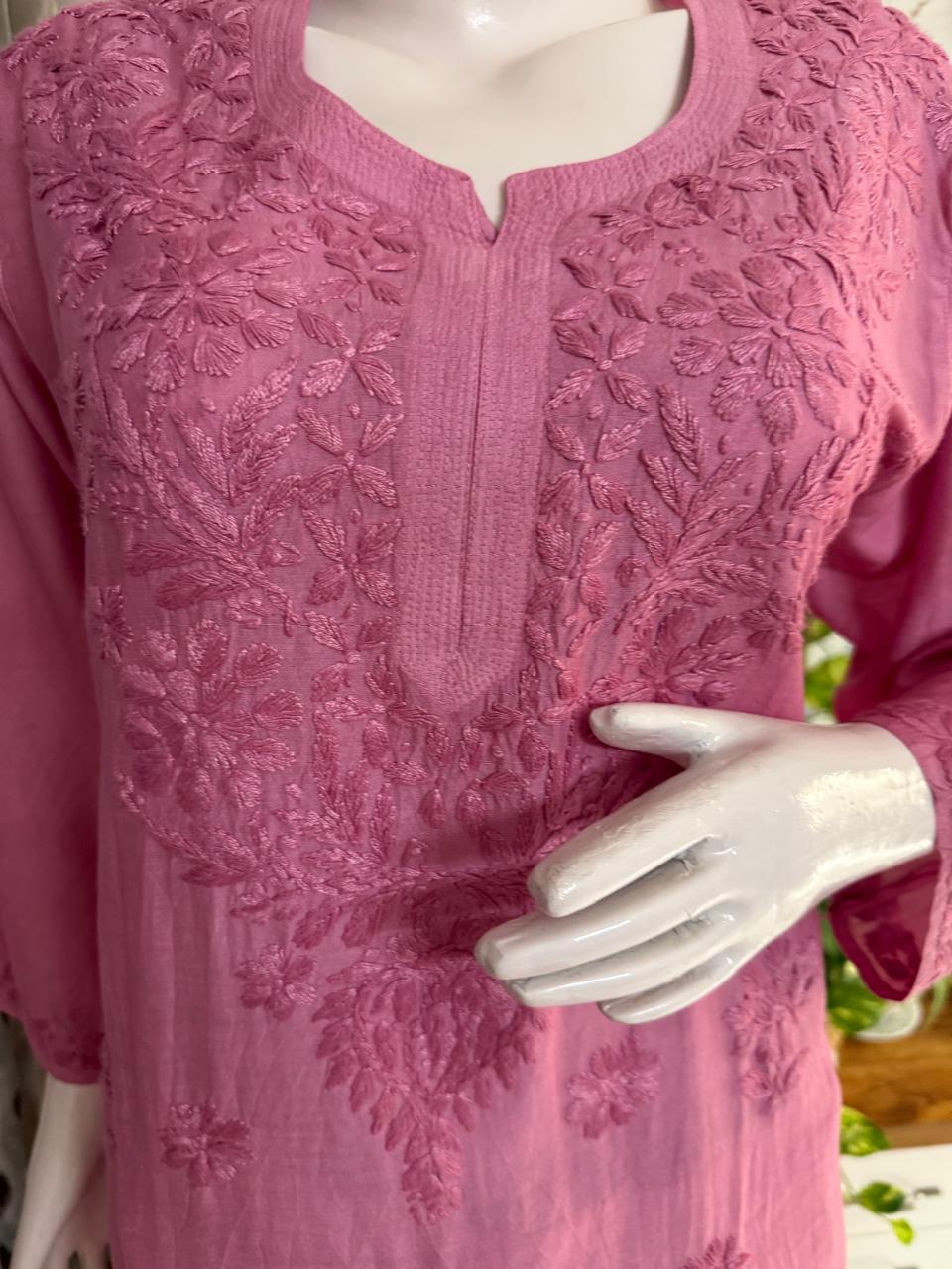 MAUVE PINK CHANDERI COTTON SUIT WITH CHIKANKARI 011