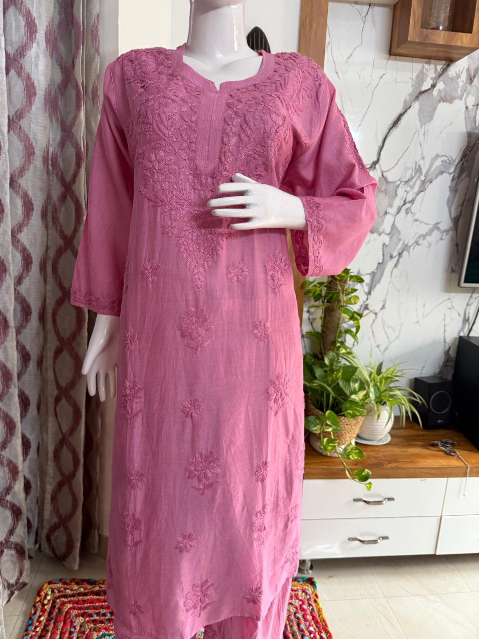 MAUVE PINK CHANDERI COTTON SUIT WITH CHIKANKARI 011