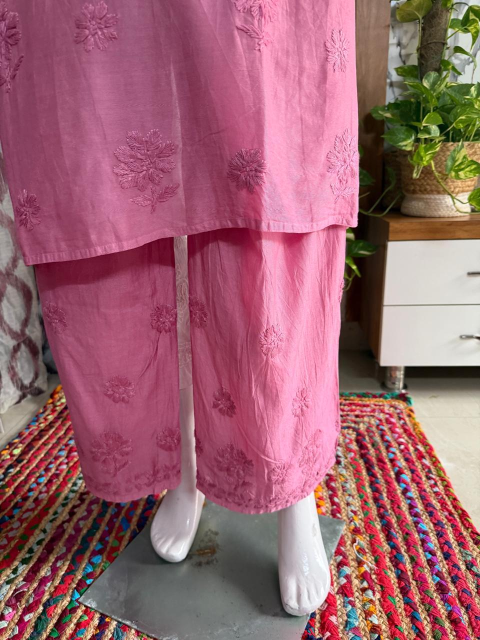 MAUVE PINK CHANDERI COTTON SUIT WITH CHIKANKARI 011